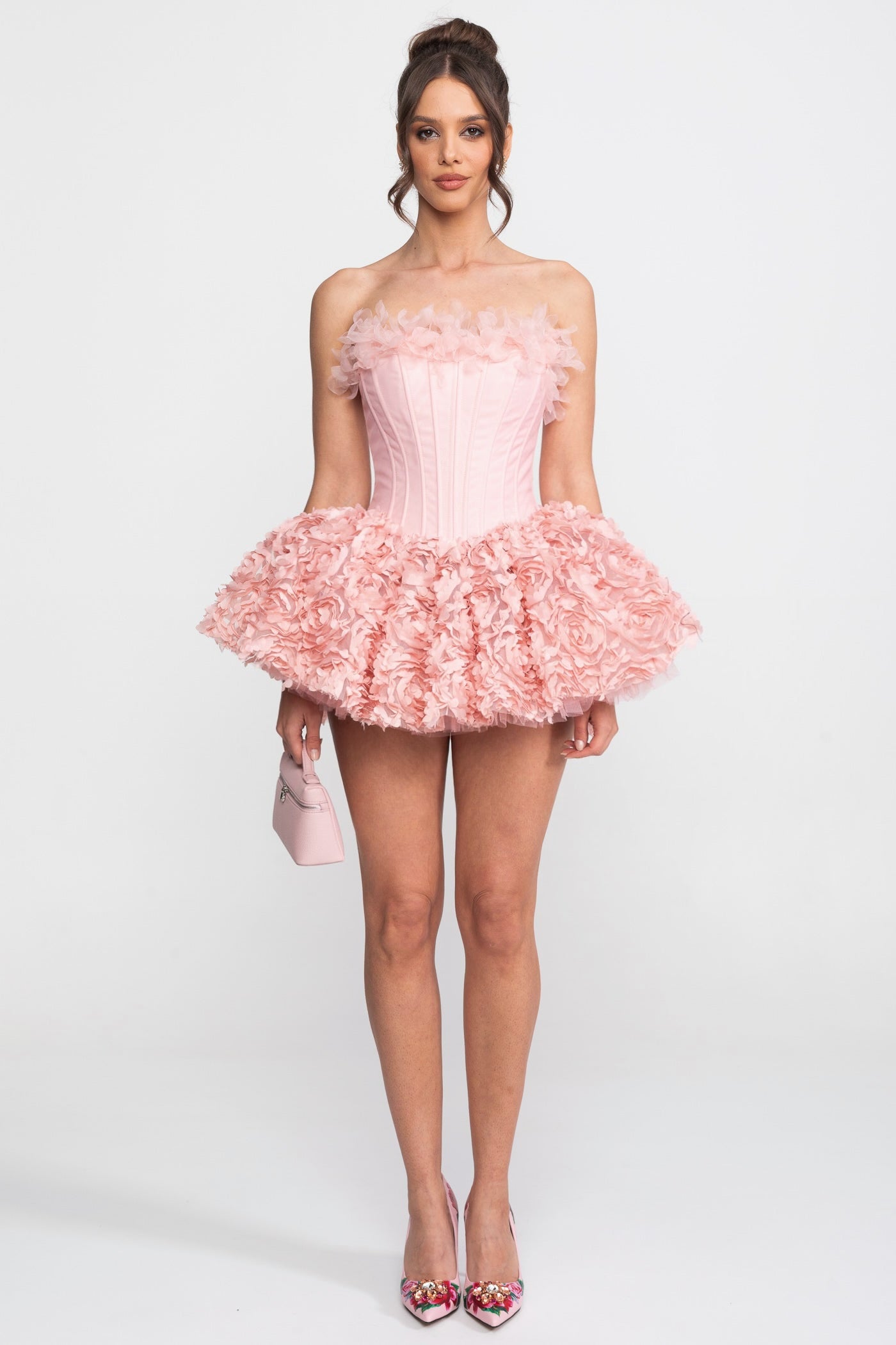 Mini abito corsetto senza spalline con gonna applicata di rose 3D - Rosa 