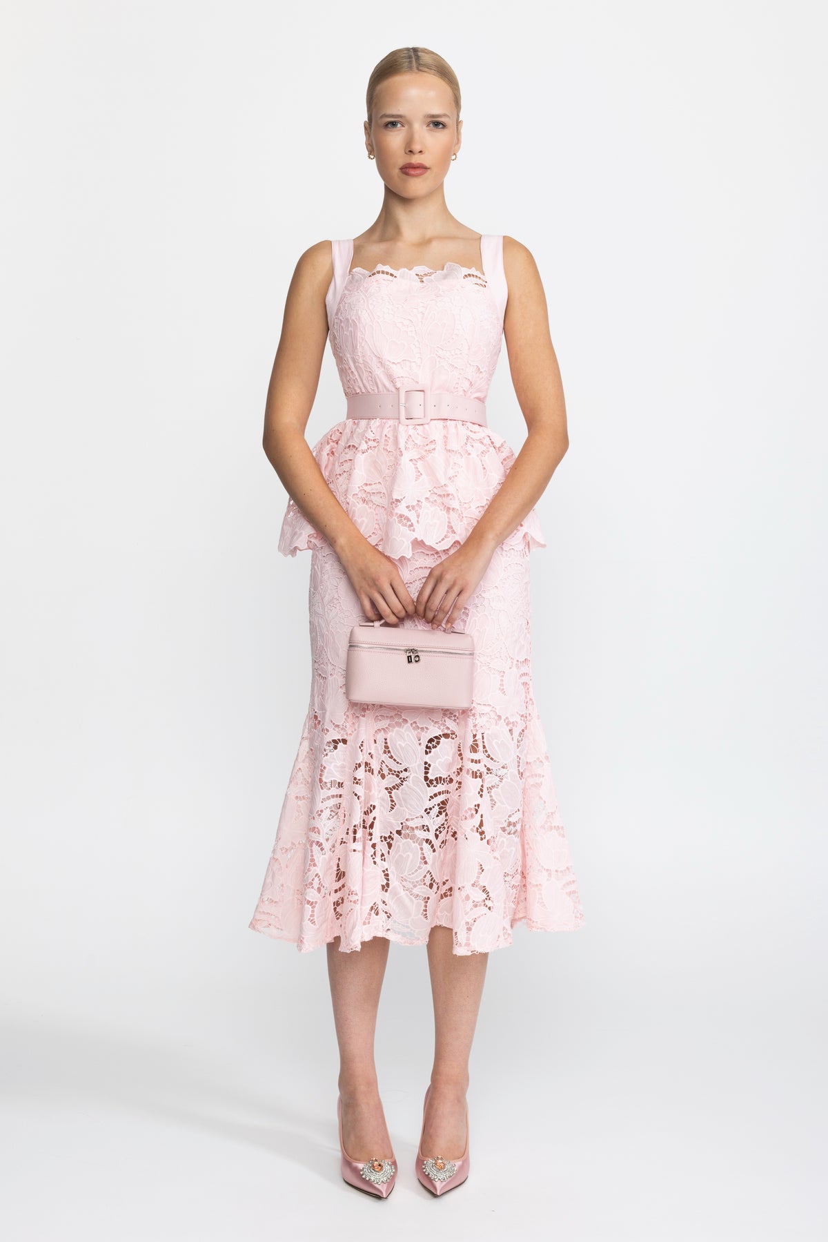Abito midi peplum in pizzo guipure - Rosa 