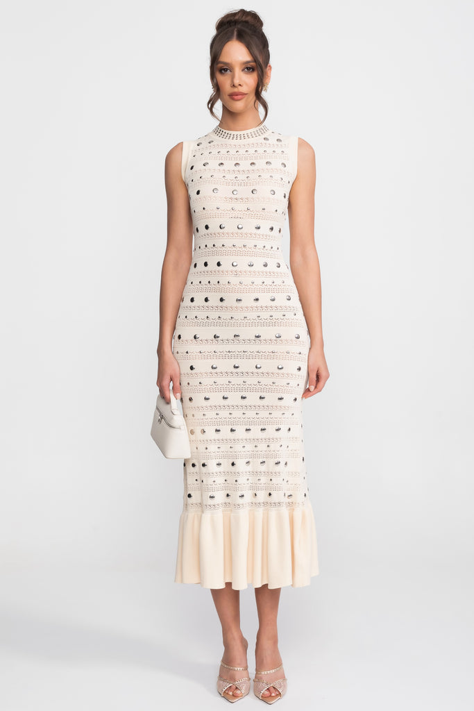 Abito midi in maglia impreziosito con collo alto e orlo con volant - Cream 