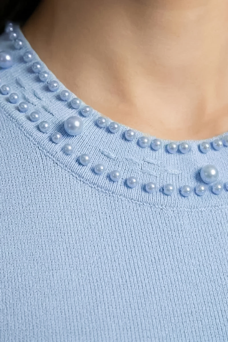 Knitted Cardigan With Pearl Buttons And Embellishments - Blue