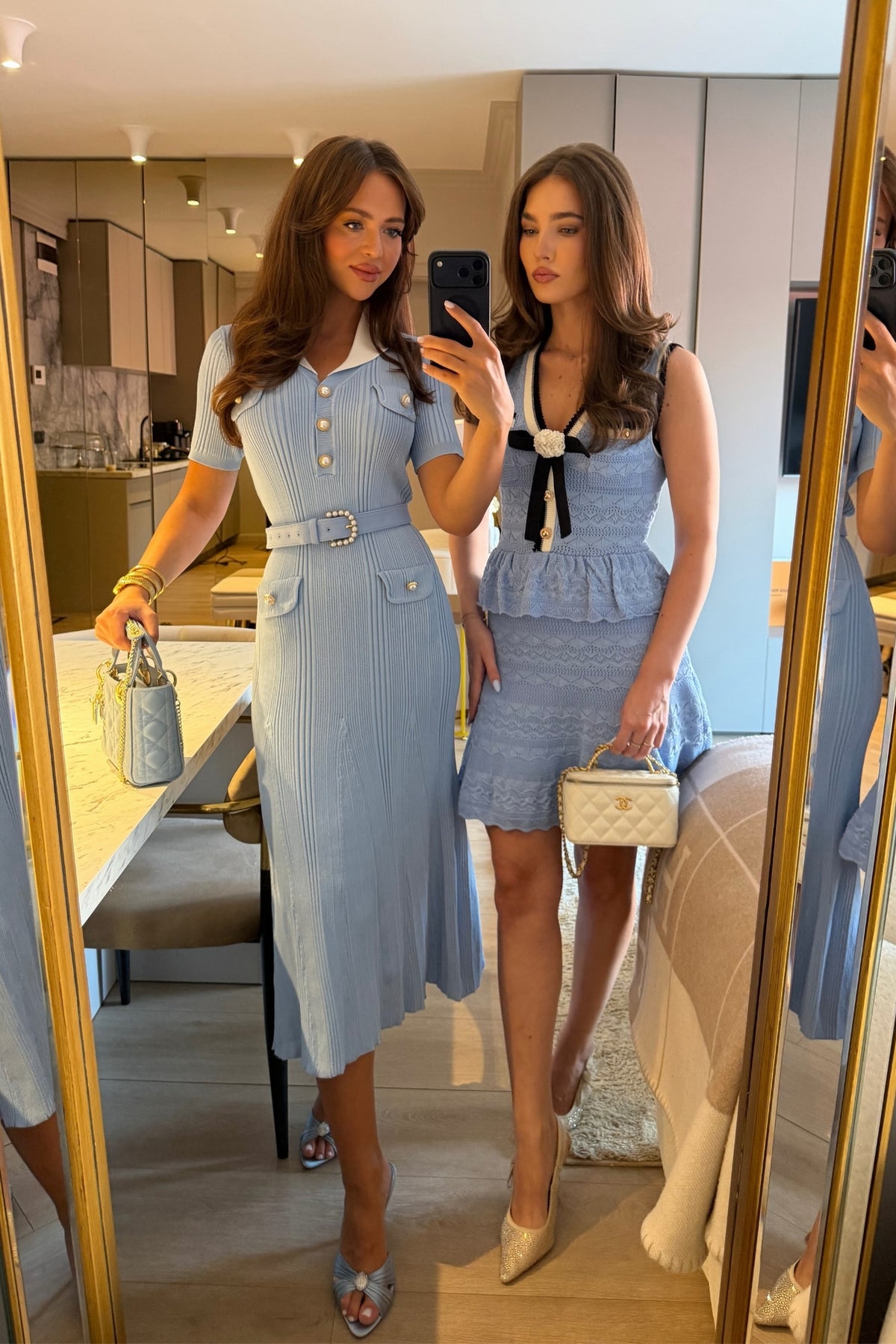 Peplum Knit Mini Dress With Contrast Trim And Bow - Light Blue