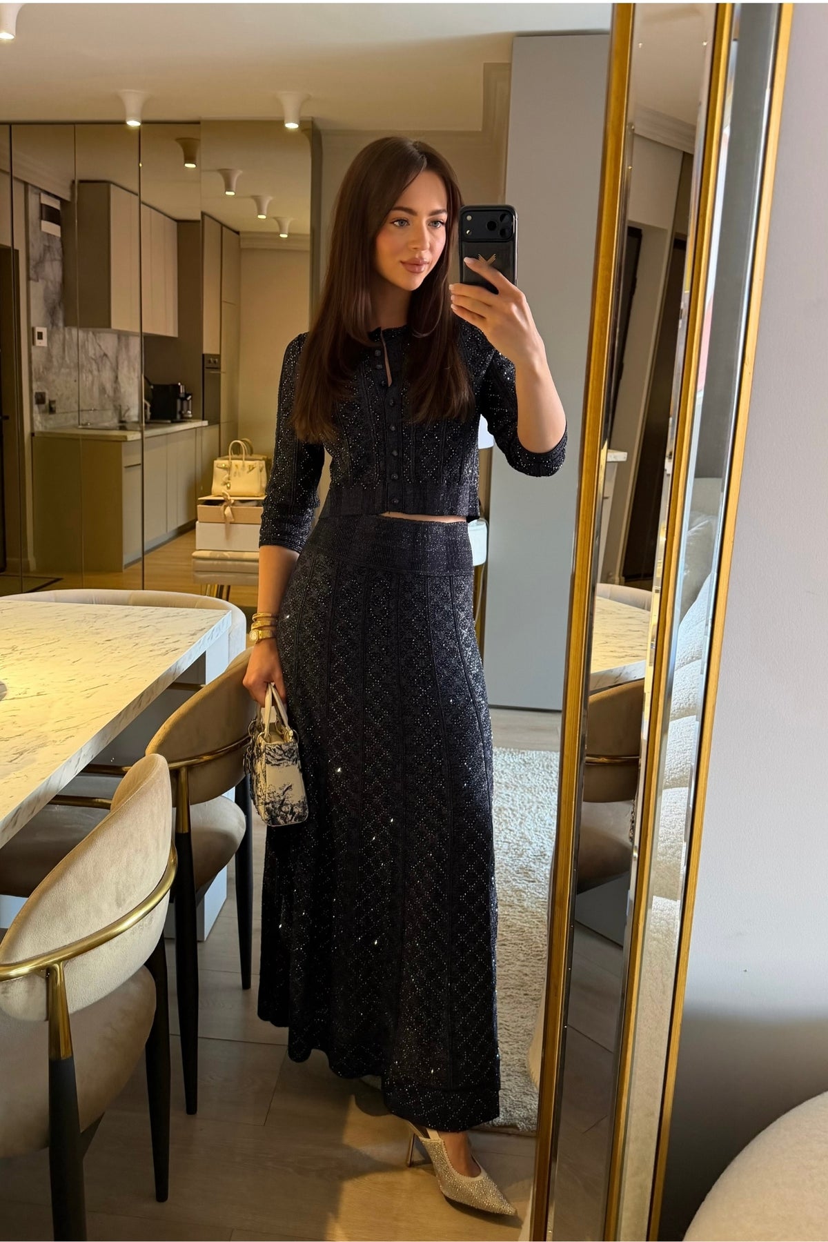Coordinato in pizzo con motivo a ромbi, maniche lunghe e gonna maxi - Navy 