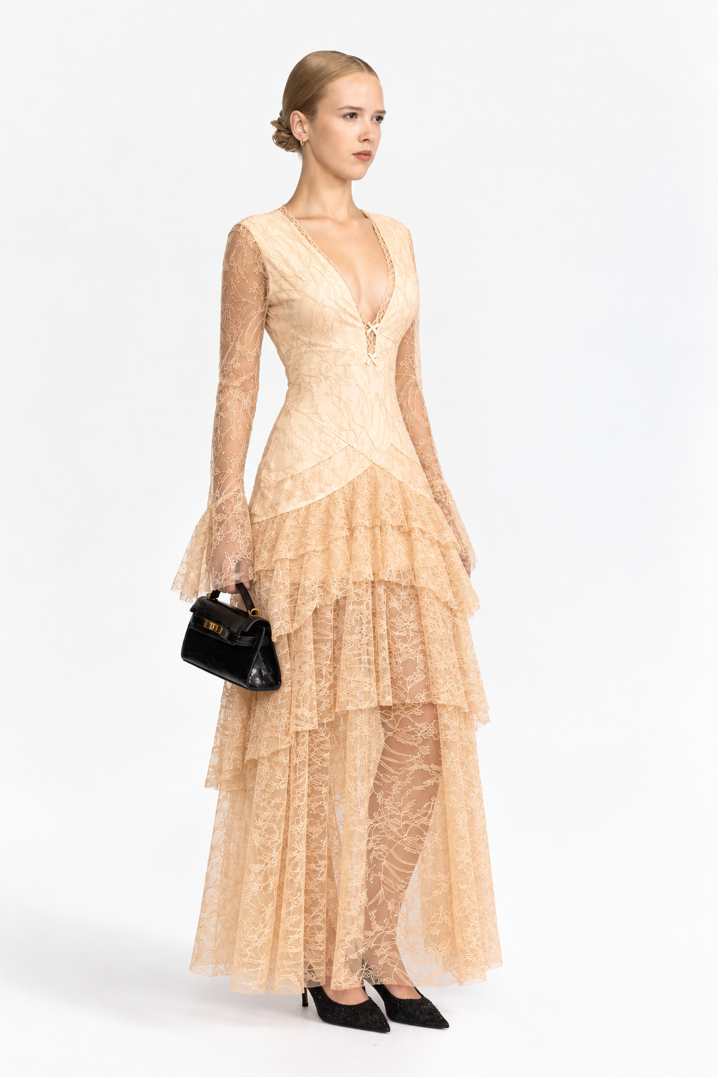 Abito lungo a balze in pizzo Chantilly - Beige 