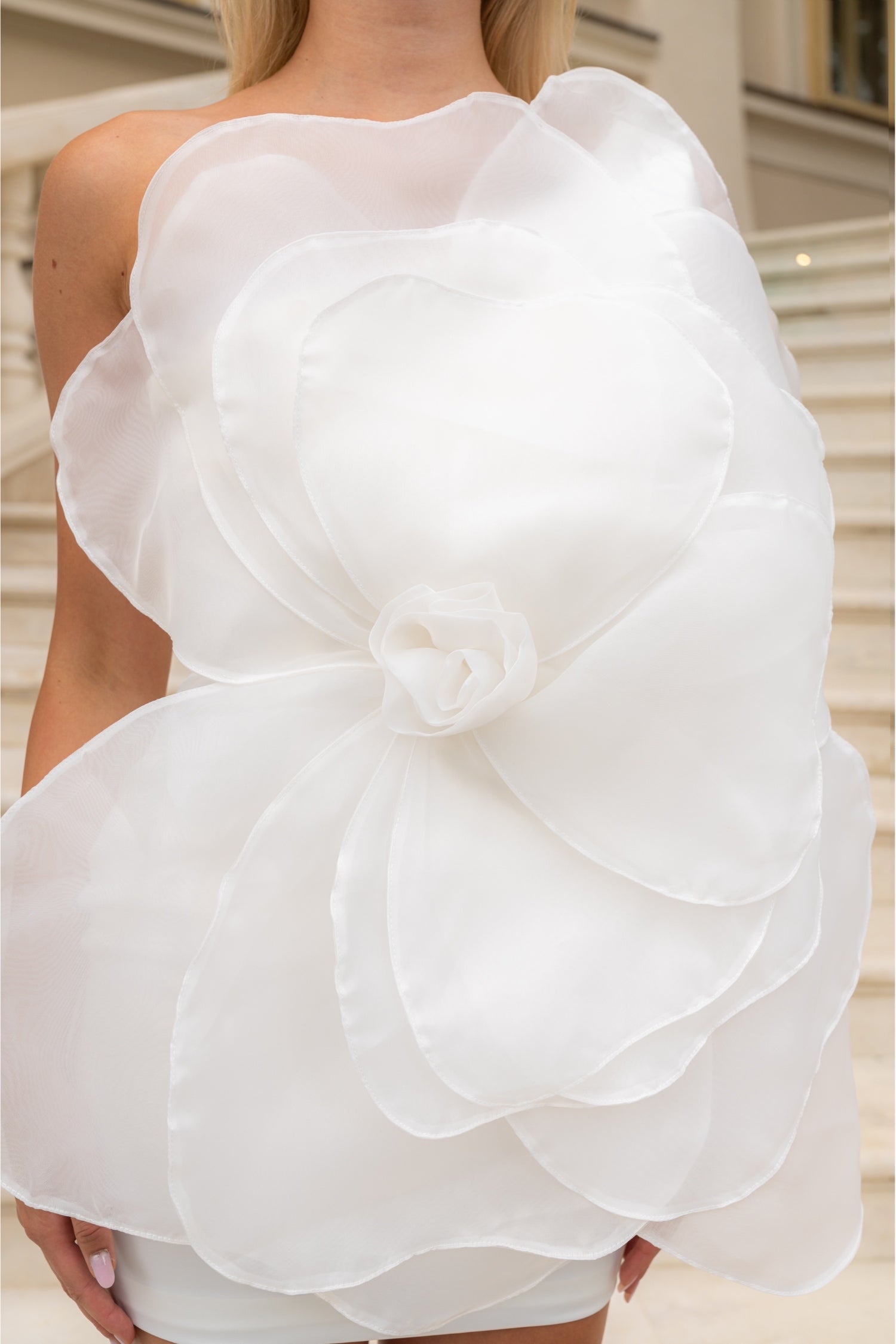 Abito Mini Floreale 3D Voluminoso in Organza - Bianco 