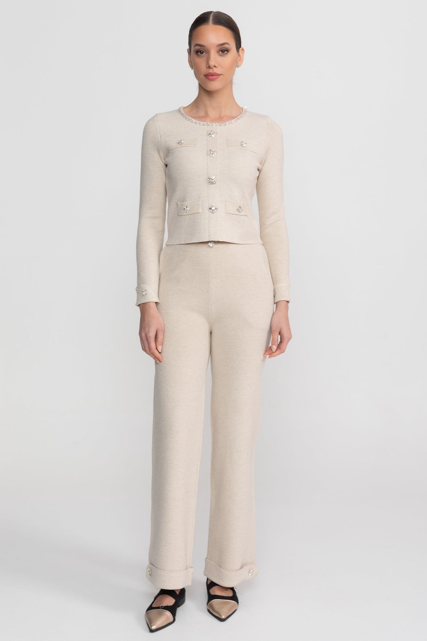 Completo Coordinato in Maglia a Manica Lunga con Decorazioni Scintillanti - Beige 