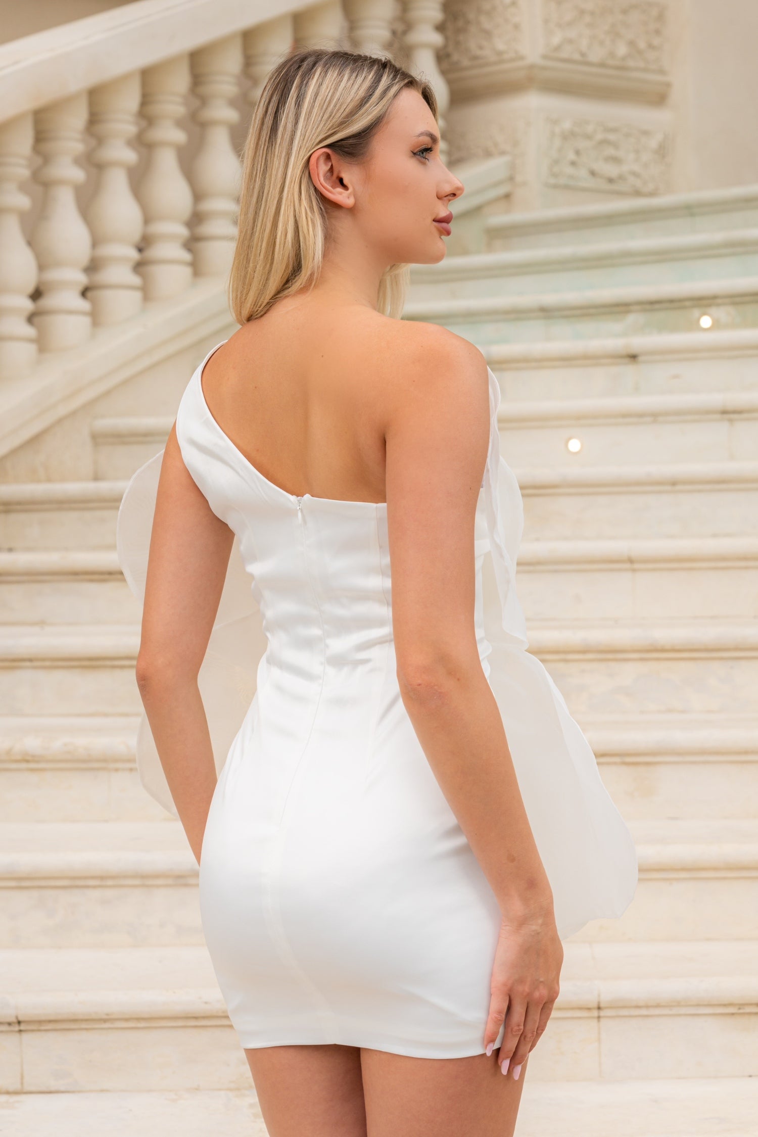 Abito Mini Floreale 3D Voluminoso in Organza - Bianco 