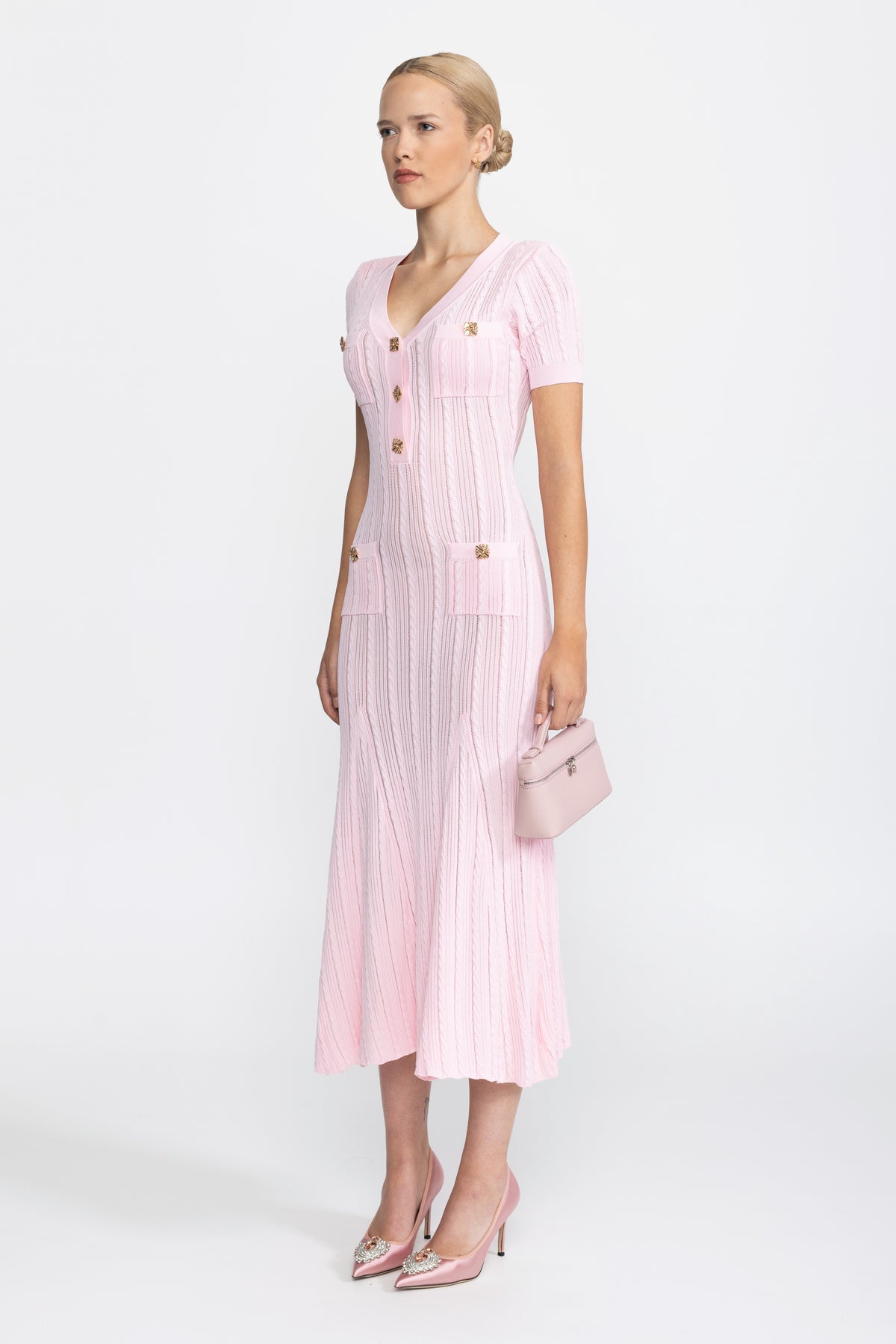Cable Knit Jewel-Button Midi Dress - Pink