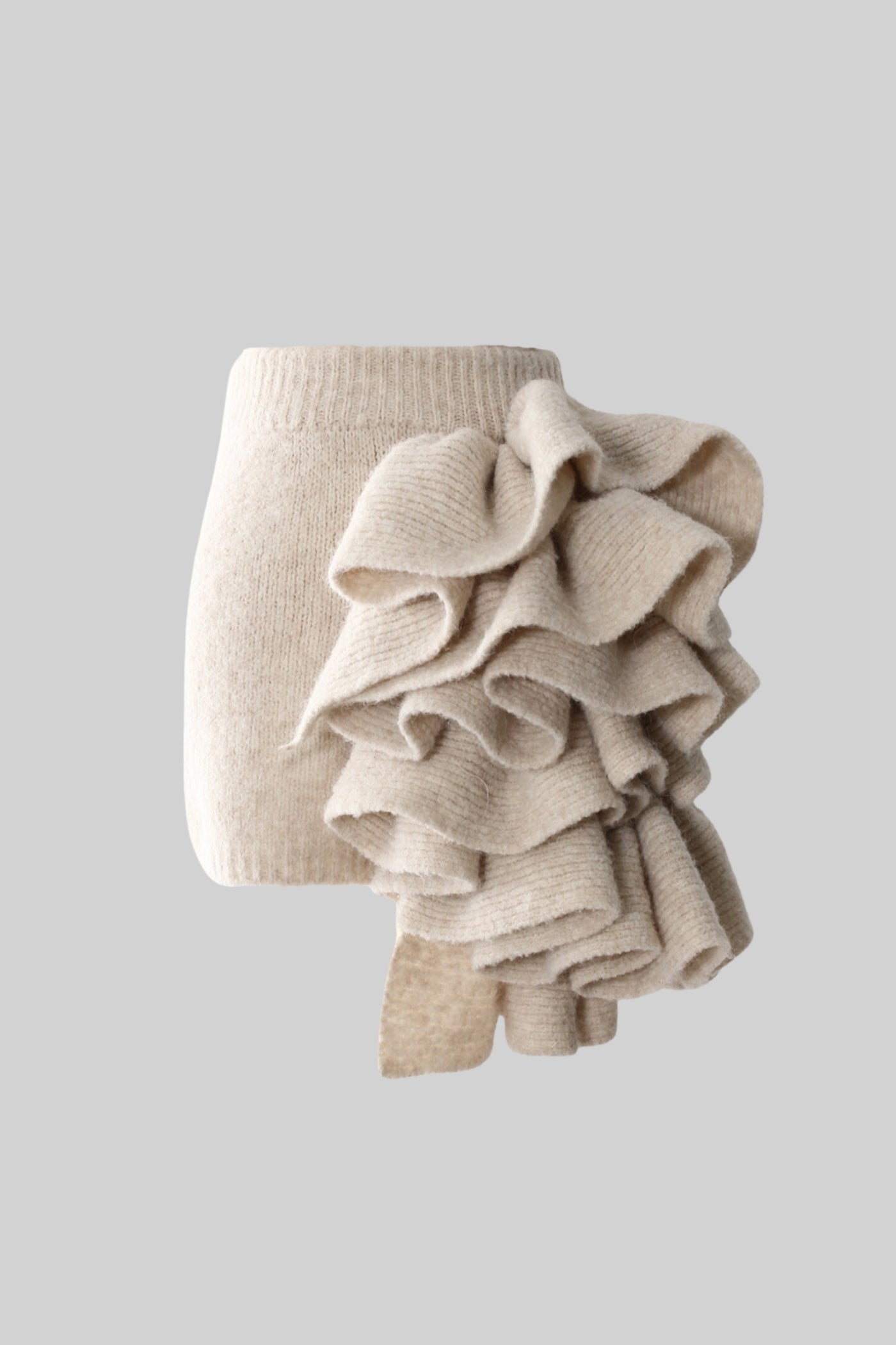 Knitted Three-Piece Set with Sculptural Ruffle Details - Beige