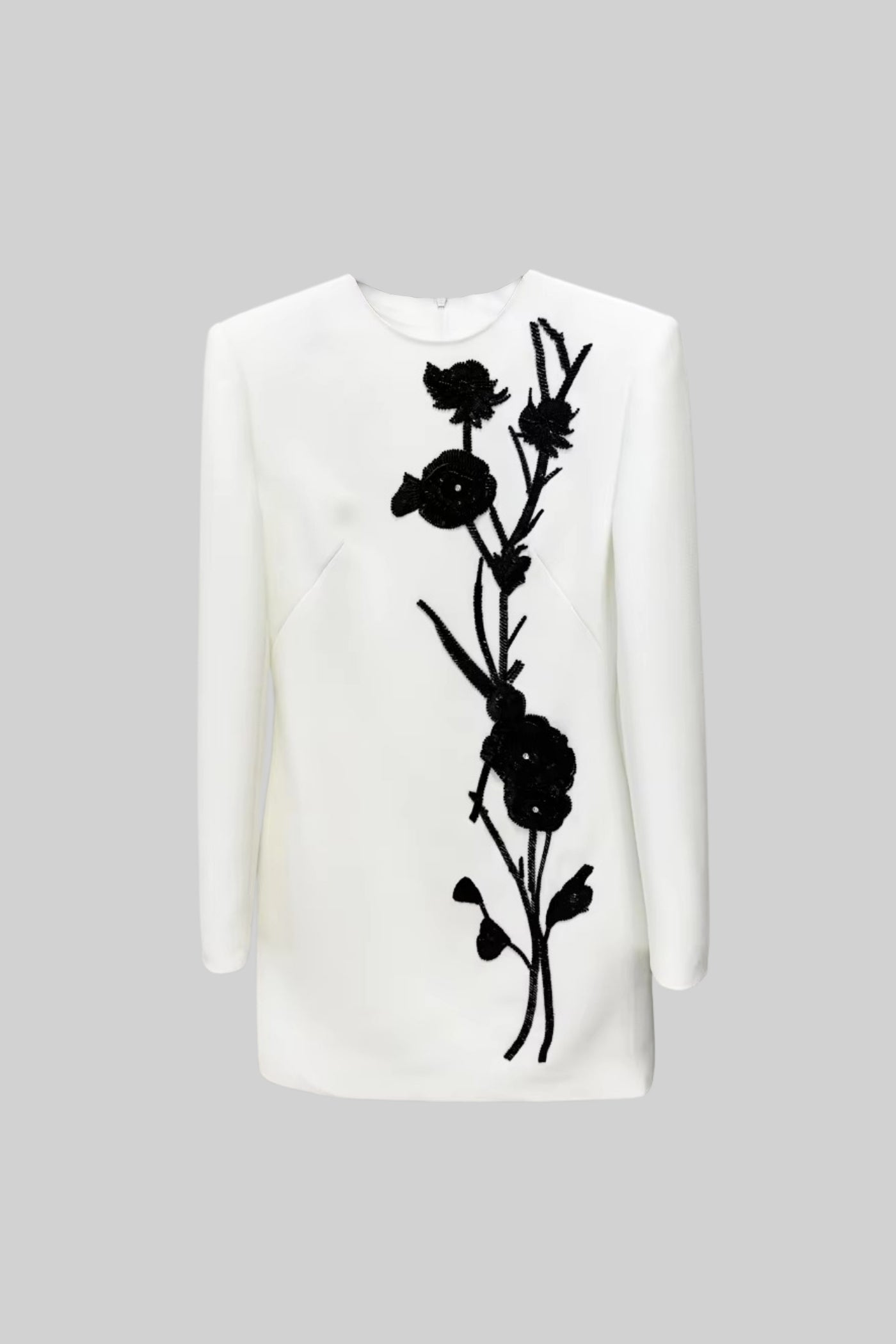 Long Sleeved Mini Dress With Contrasting Floral Embroidery - White