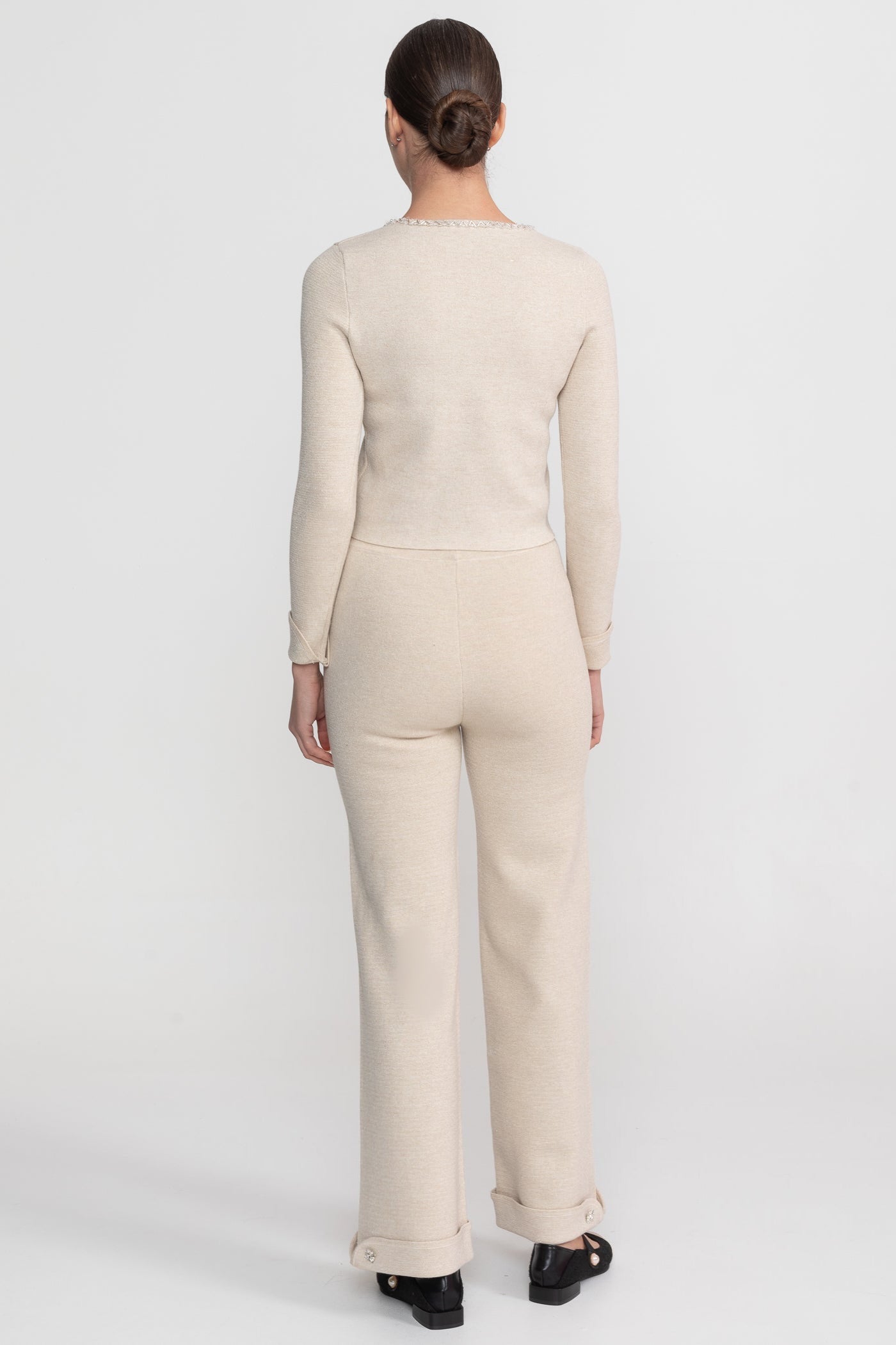 Completo Coordinato in Maglia a Manica Lunga con Decorazioni Scintillanti - Beige 