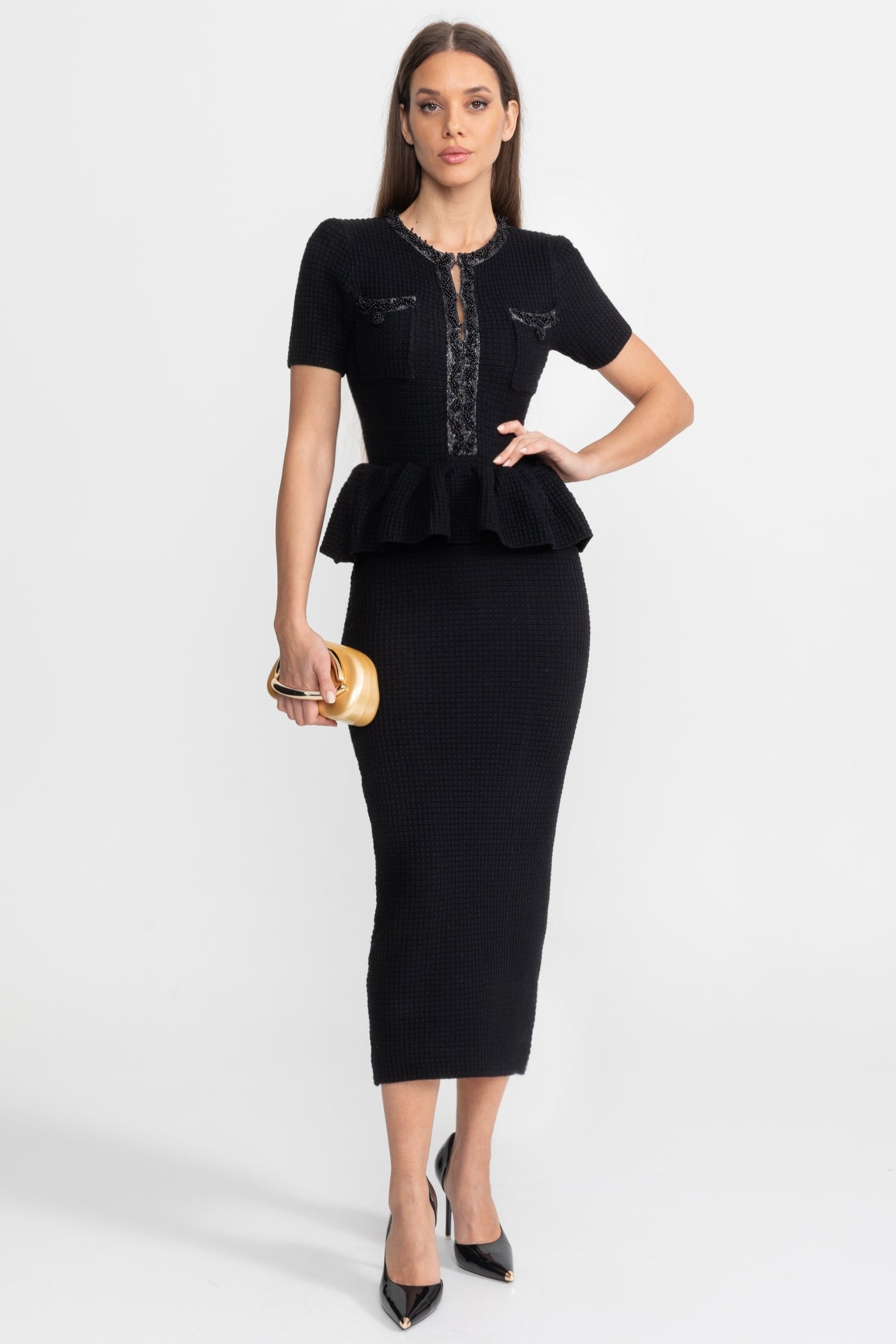 Textured Knit Midi Dress with Peplum Waist Detail – Black