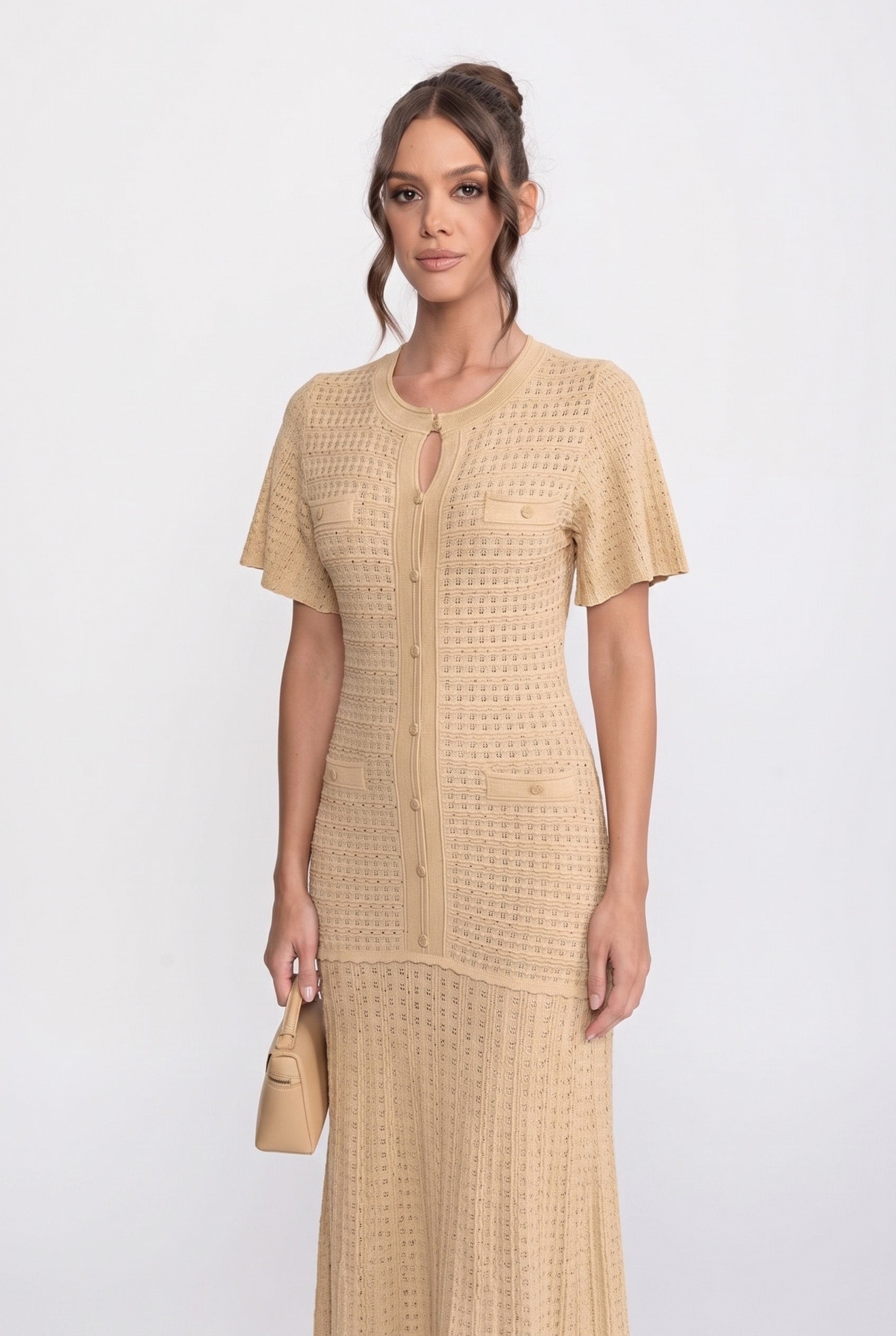 Abito midi a maniche corte con texture in maglia shimmer - Beige 