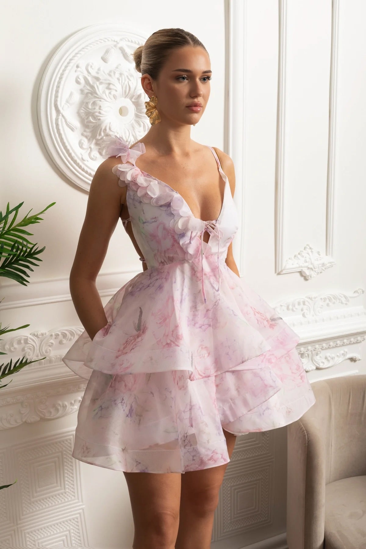 Organza Asymmetric Mini Dress With Floral Appliqué And Tiered Ruffle Skirt - Pink