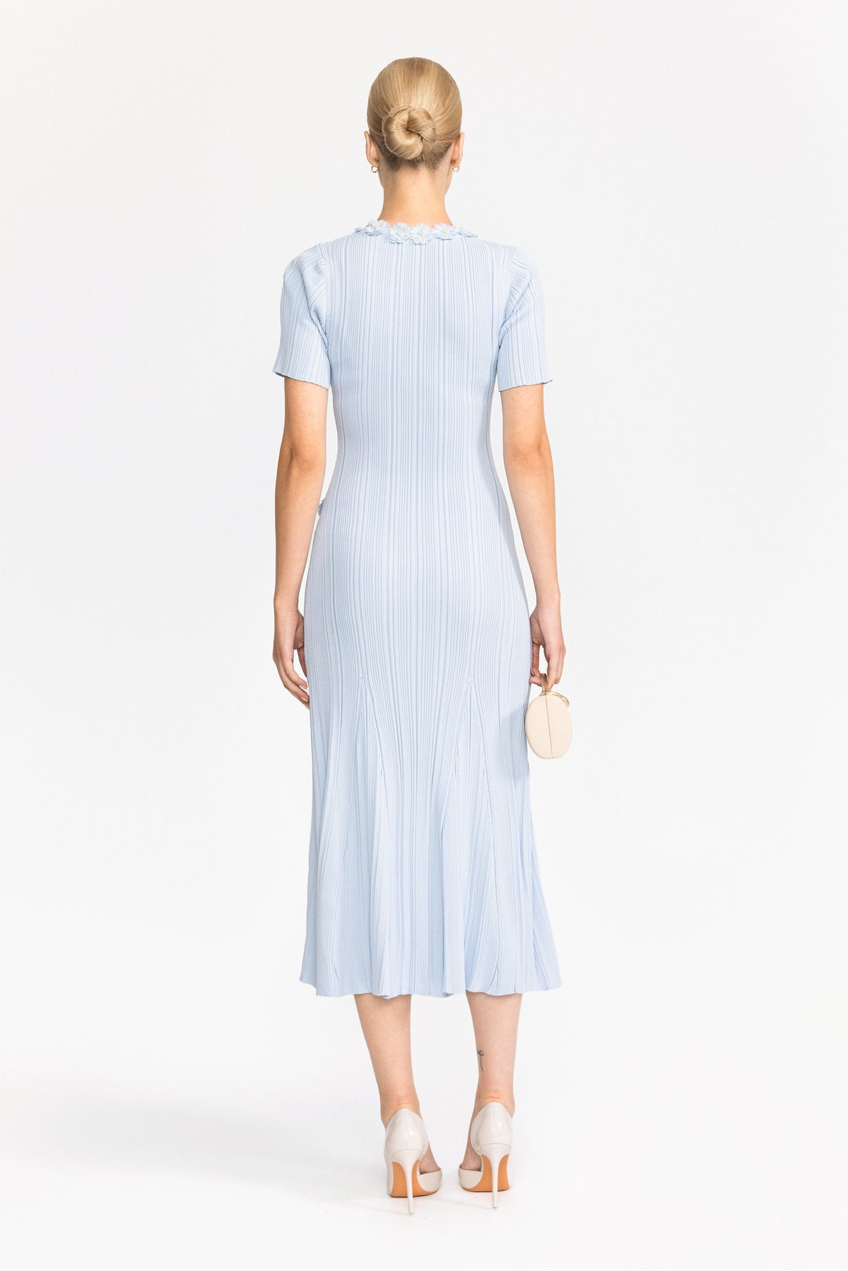 Ribbed Knit Flower Appliqué Midi Dress - Light Blue