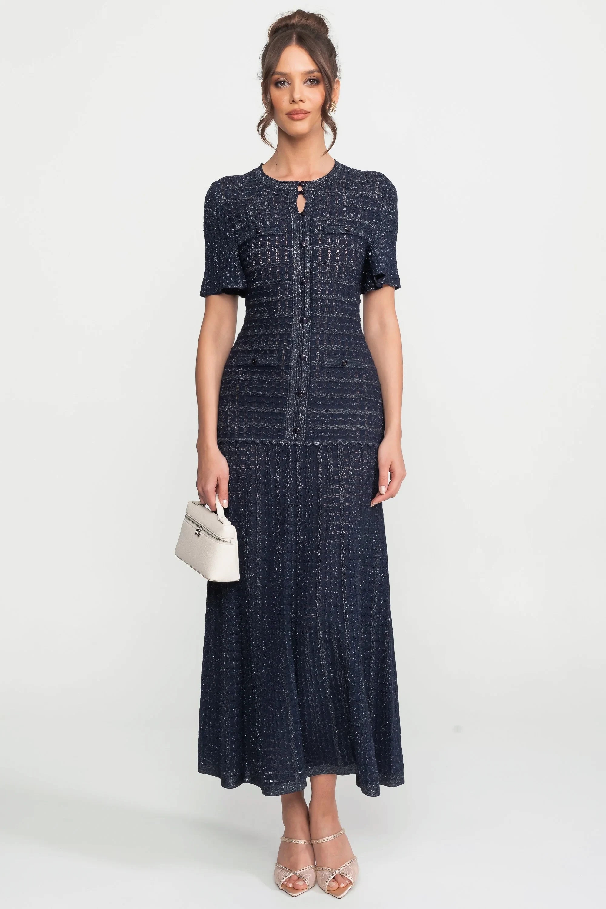 Short Sleeve Midi Dress With Shimmer Knit Texture - Navy
