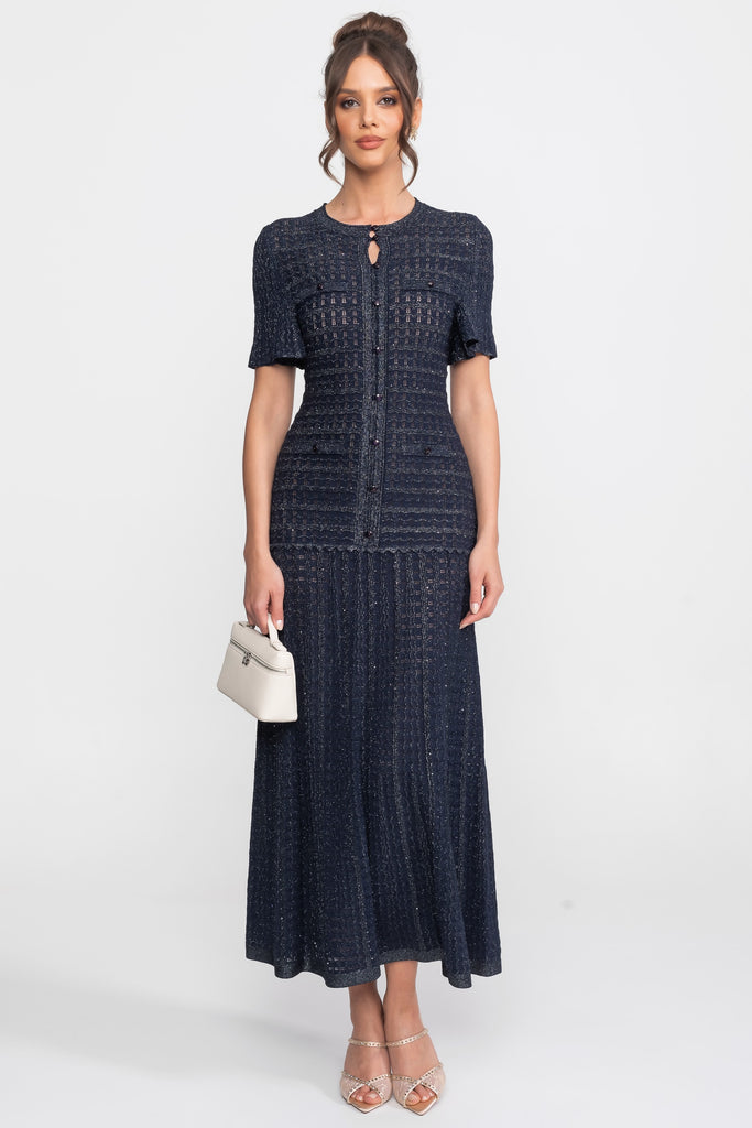 Abito midi a maniche corte con tessuto a maglia scintillante - Navy 
