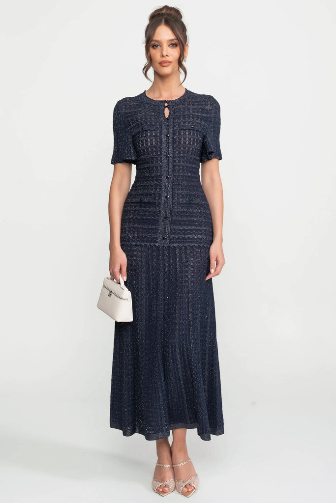 Abito midi a maniche corte con tessuto a maglia scintillante - Navy 