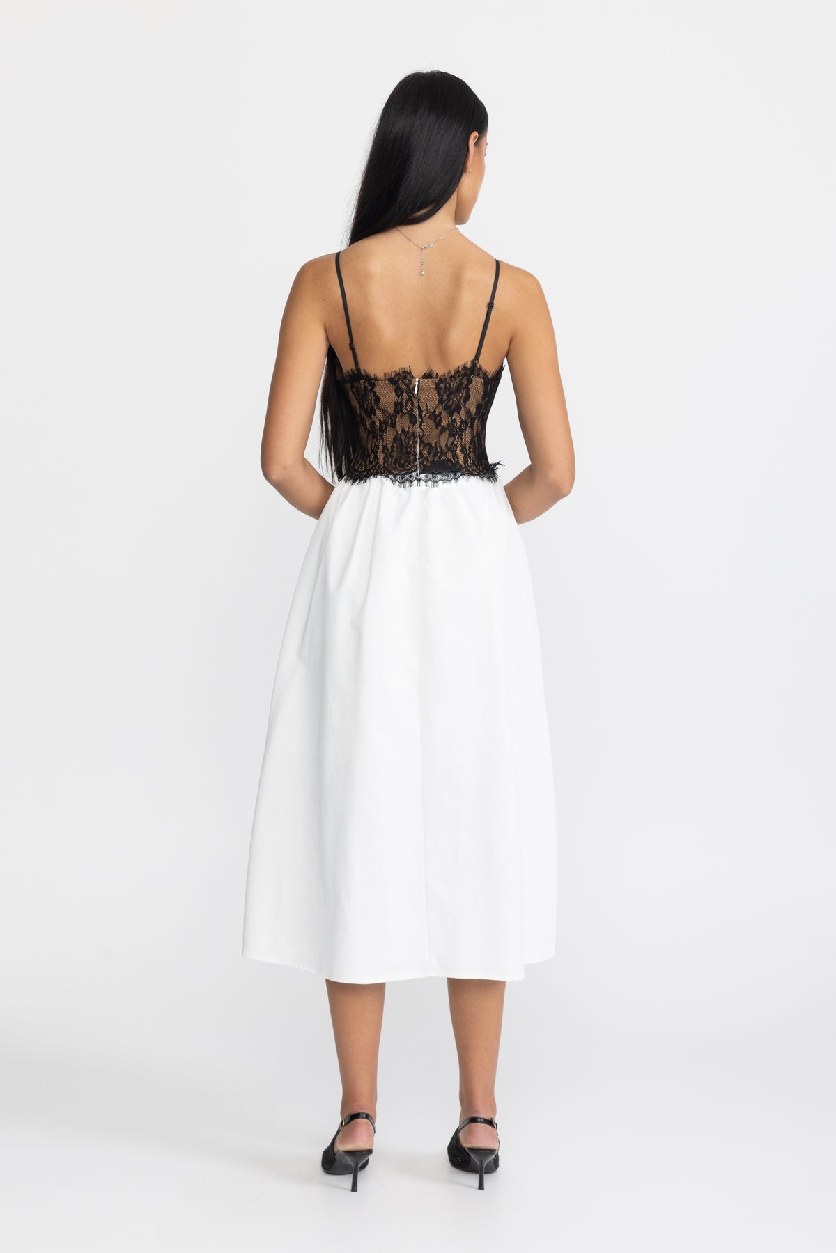 Abito midi in popeline con bustier in pizzo - nero e bianco 