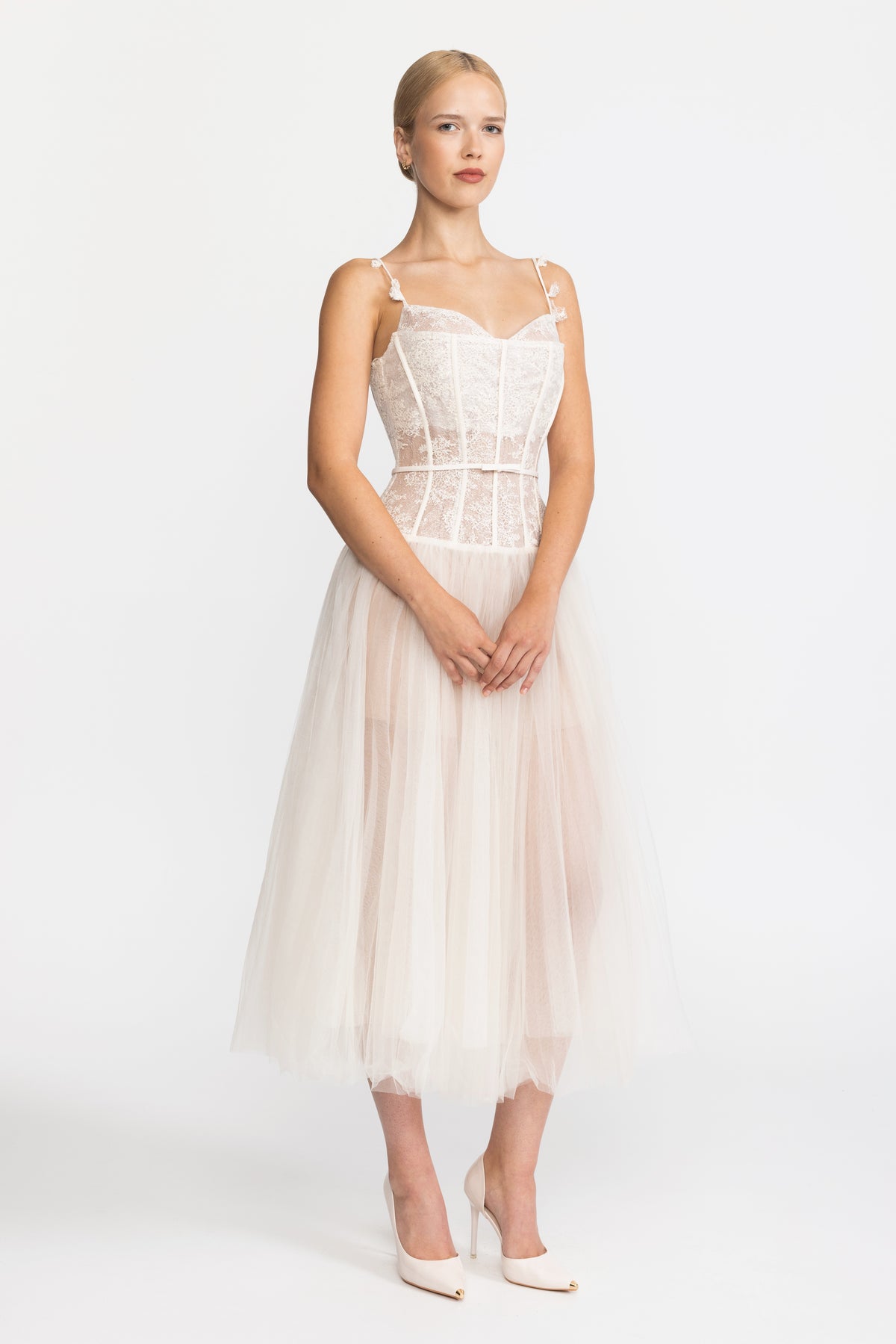 Lace Corset Tulle Midi Dress - Beige