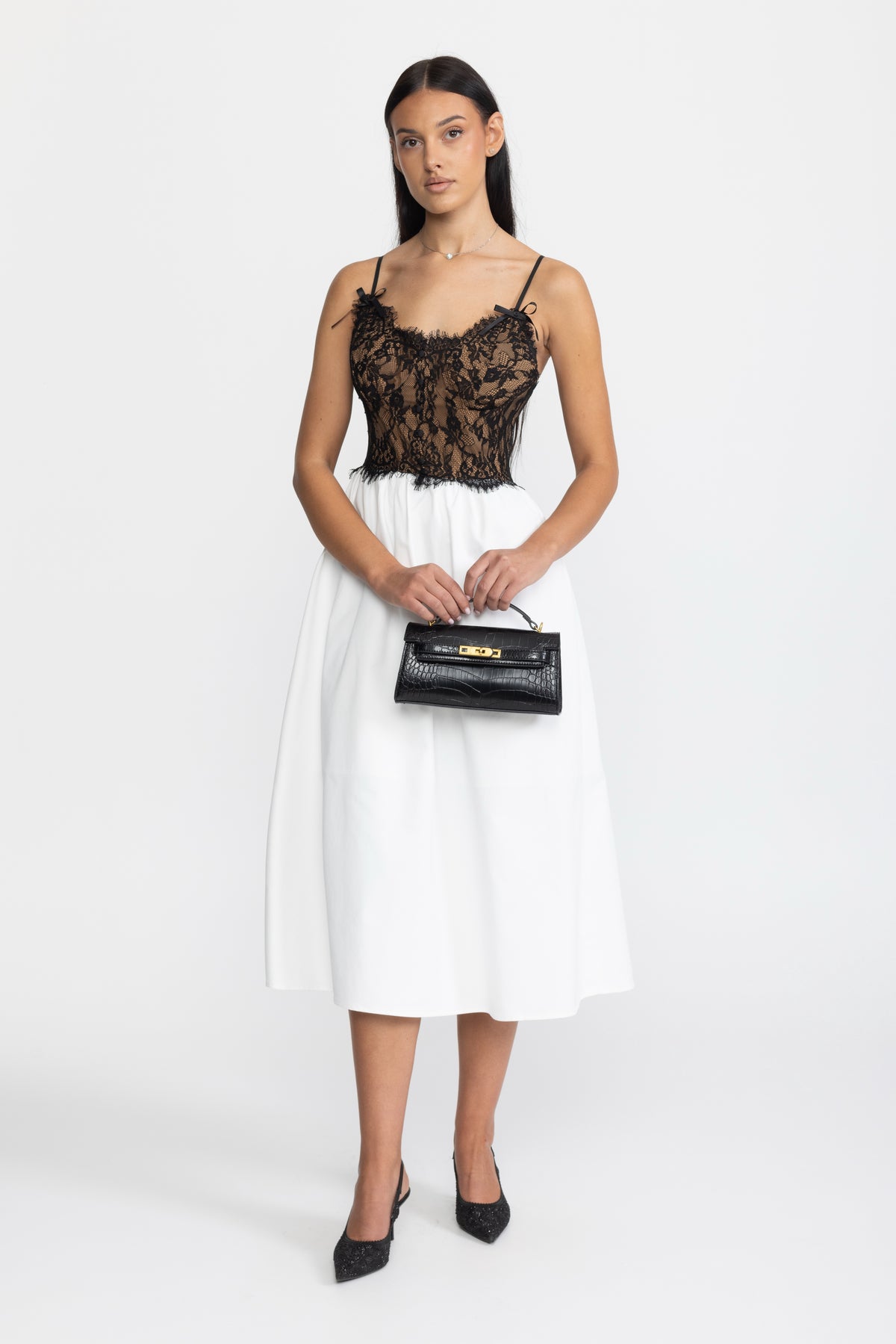 Abito midi in popeline con bustier in pizzo - nero e bianco 