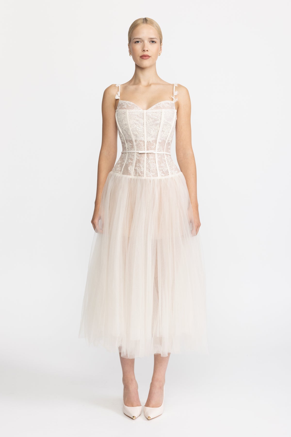Lace Corset Tulle Midi Dress - Beige