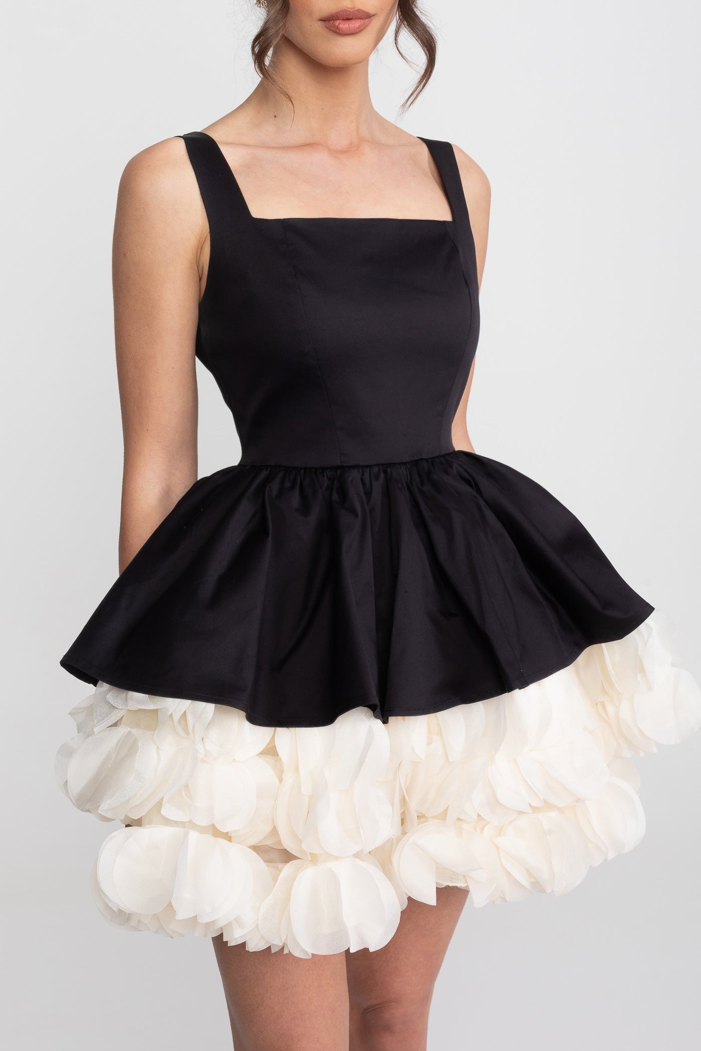 Strapless Mini Dress With Square Neckline And Ruffled Skirt Underlay - Black