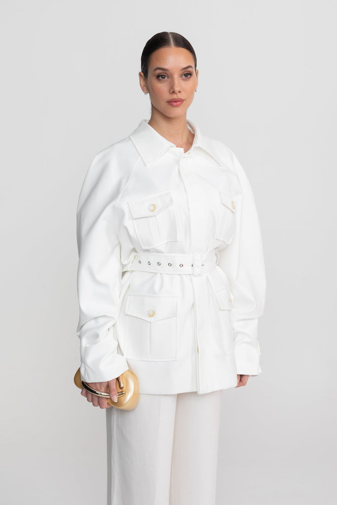 Giacca Trench con Cintura e Tasche Applicate Oversize - Bianco 