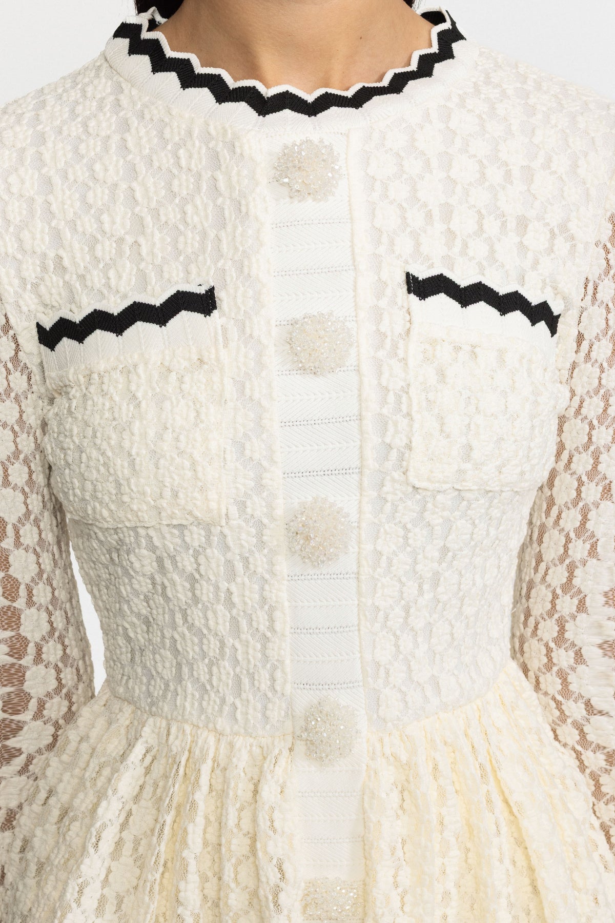 Crochet Knit Peplum Midi Dress with Ric-Rac Trim - Off-White