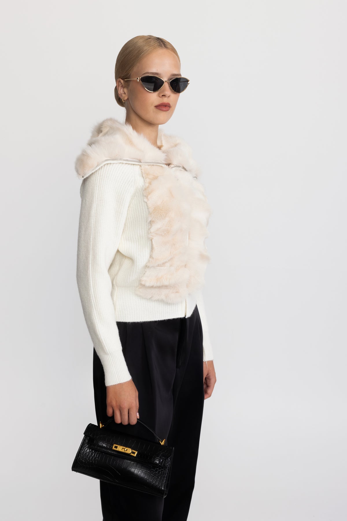 Cardigan in maglia con pannello in pelliccia di coniglio e zip - Ivoire 