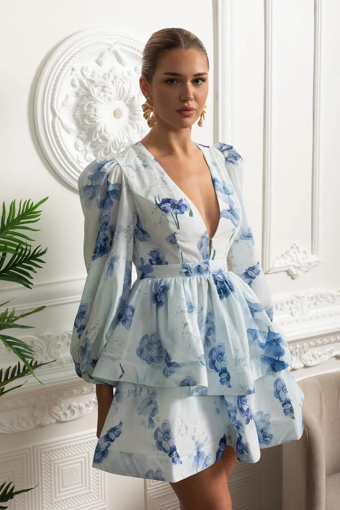 Abito Mini Romantico Floreale con Maniche Voluminose e Dettaglio Peplum - Bianco/Blue 