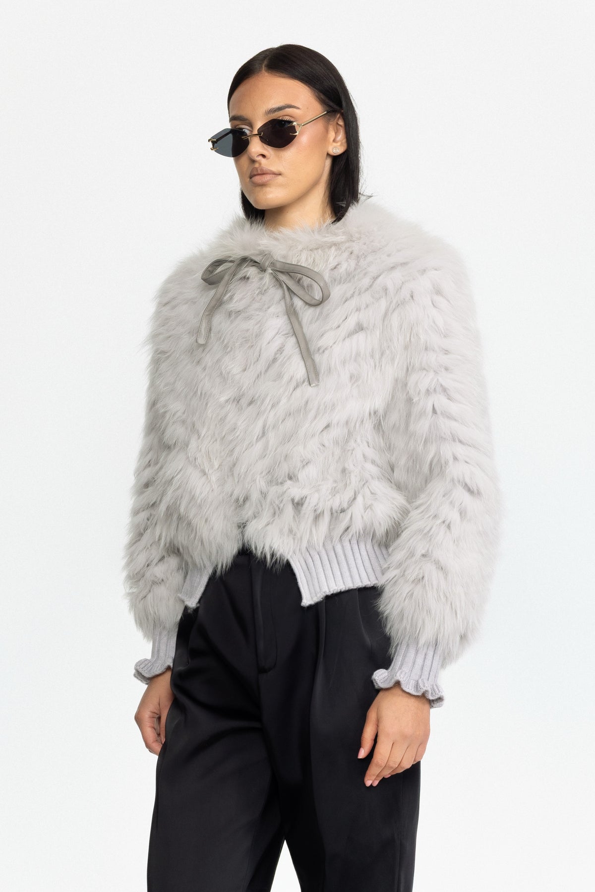 Bomber in maglia e pelliccia di volpe con collo da annodare - Grigio 