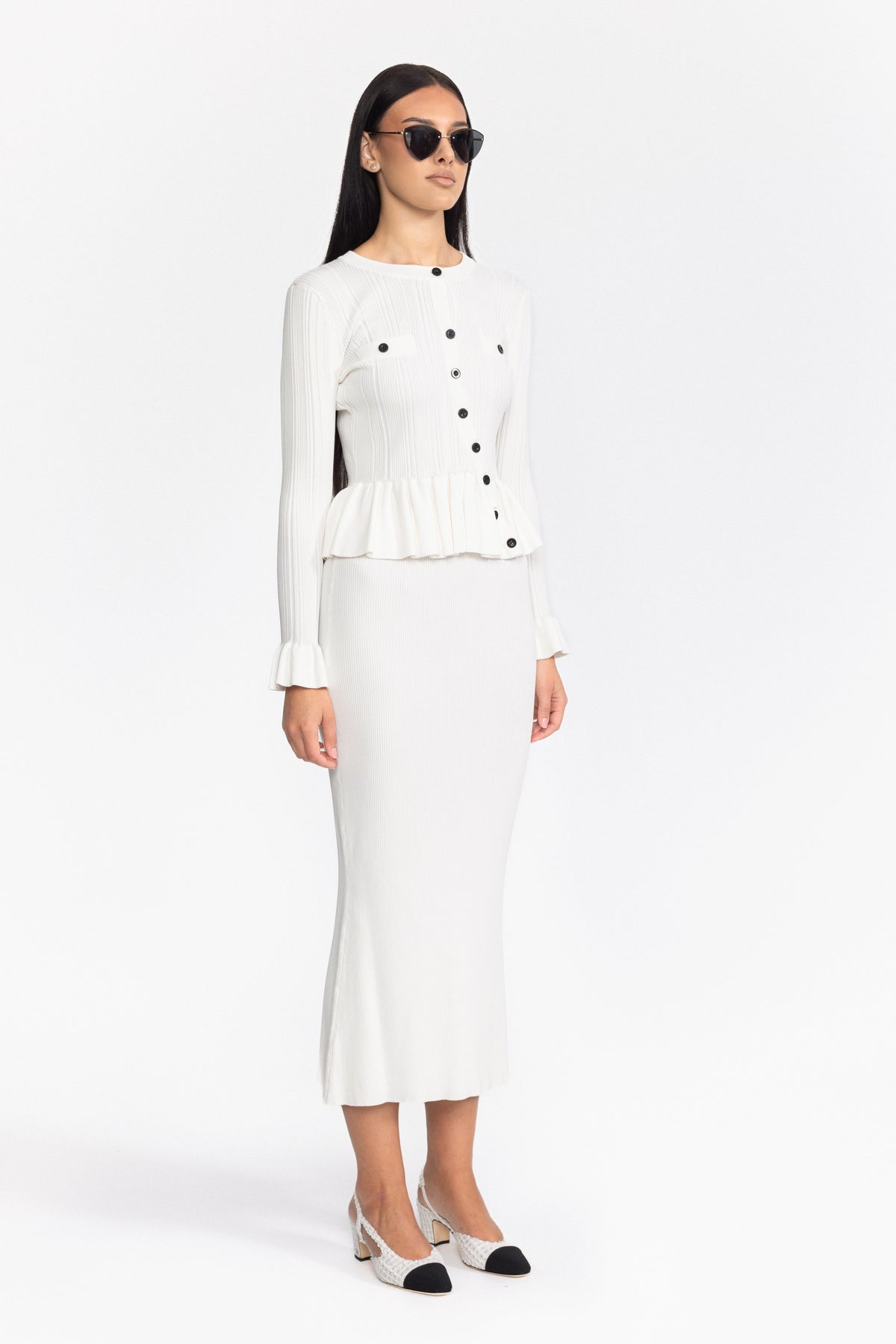Ribbed Knit Peplum Cardigan and Midi Skirt Set - White