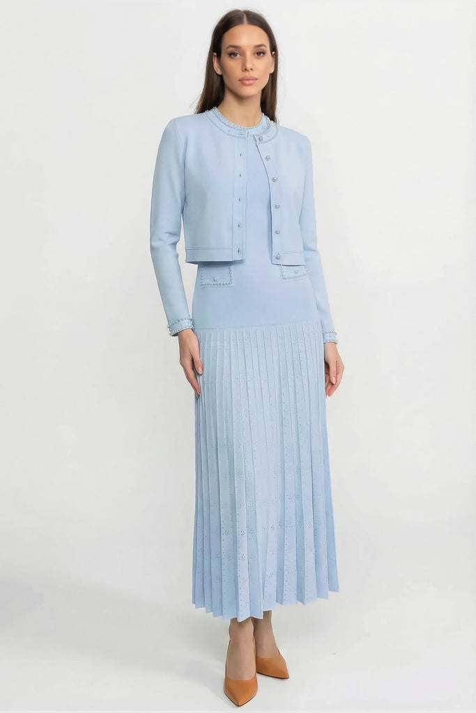 Cardigan lavorato a maglia con bottoni in perla e decorazioni - Blue 