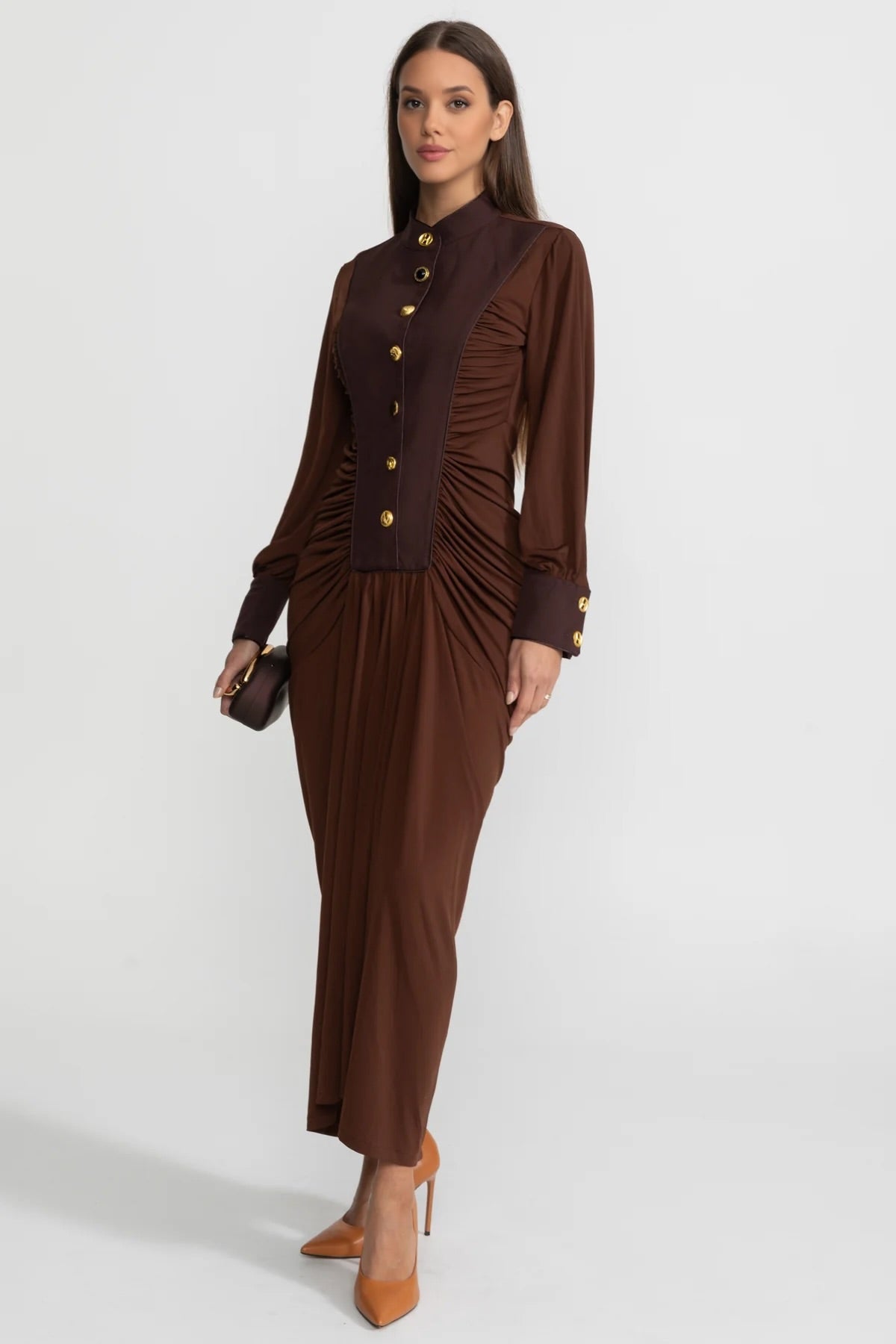 Draped Maxi Dress with Gold Statement Buttons - Brown