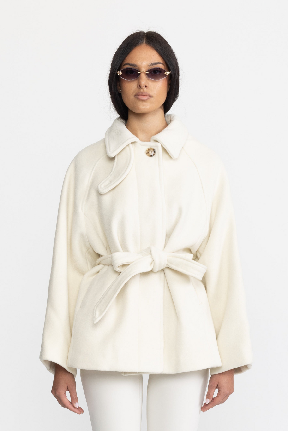 Giacca swing in lana e cashmere con cintura - Ivoire 