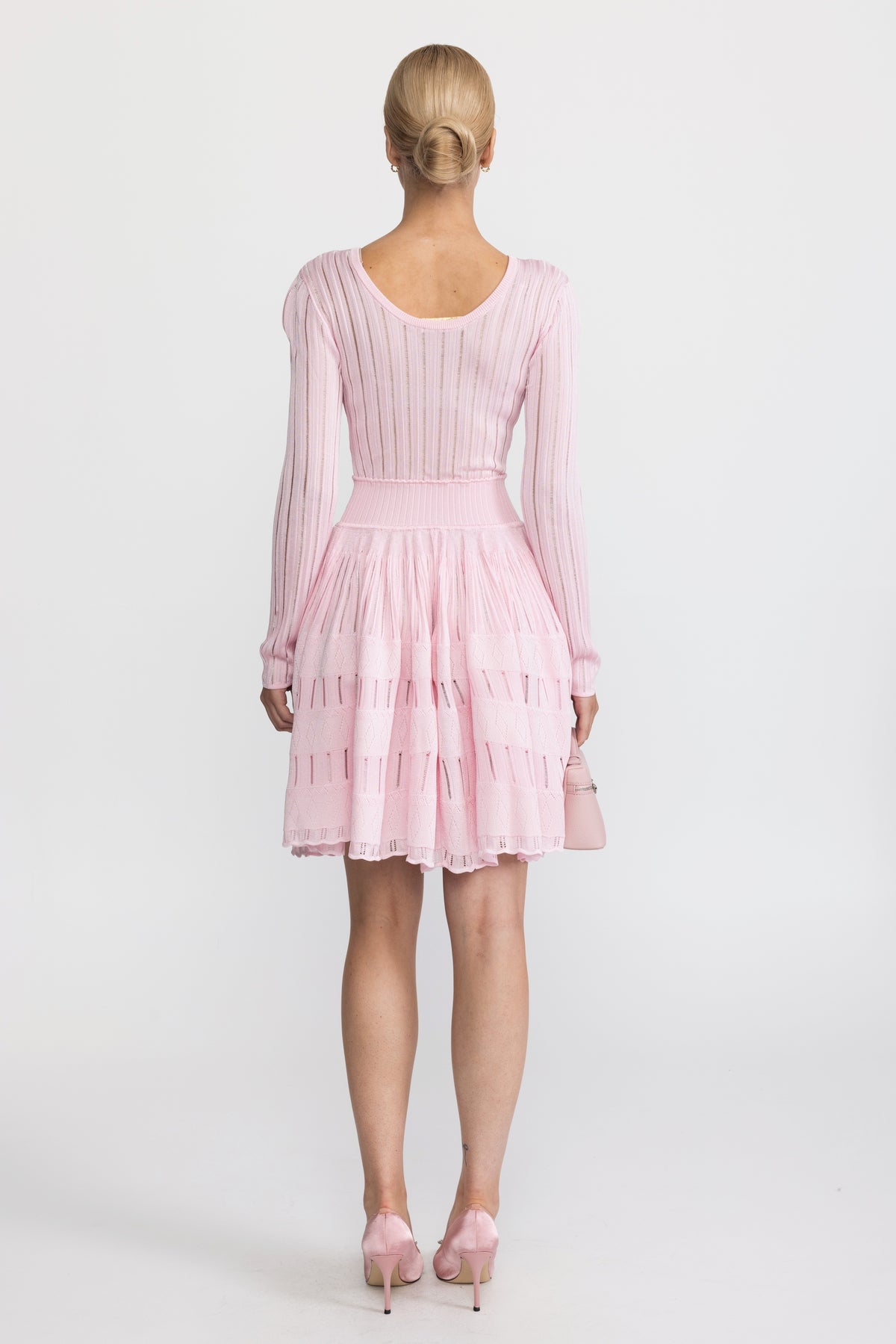 Ladder Knit Scoop Neck Skater Mini Dress - Pink