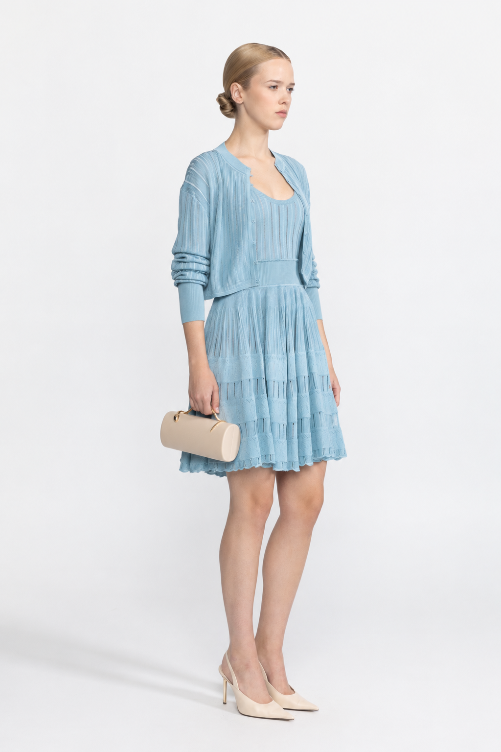 Rib Pointelle Knit Cropped Cardigan and Skater Dress Set - Light Blue