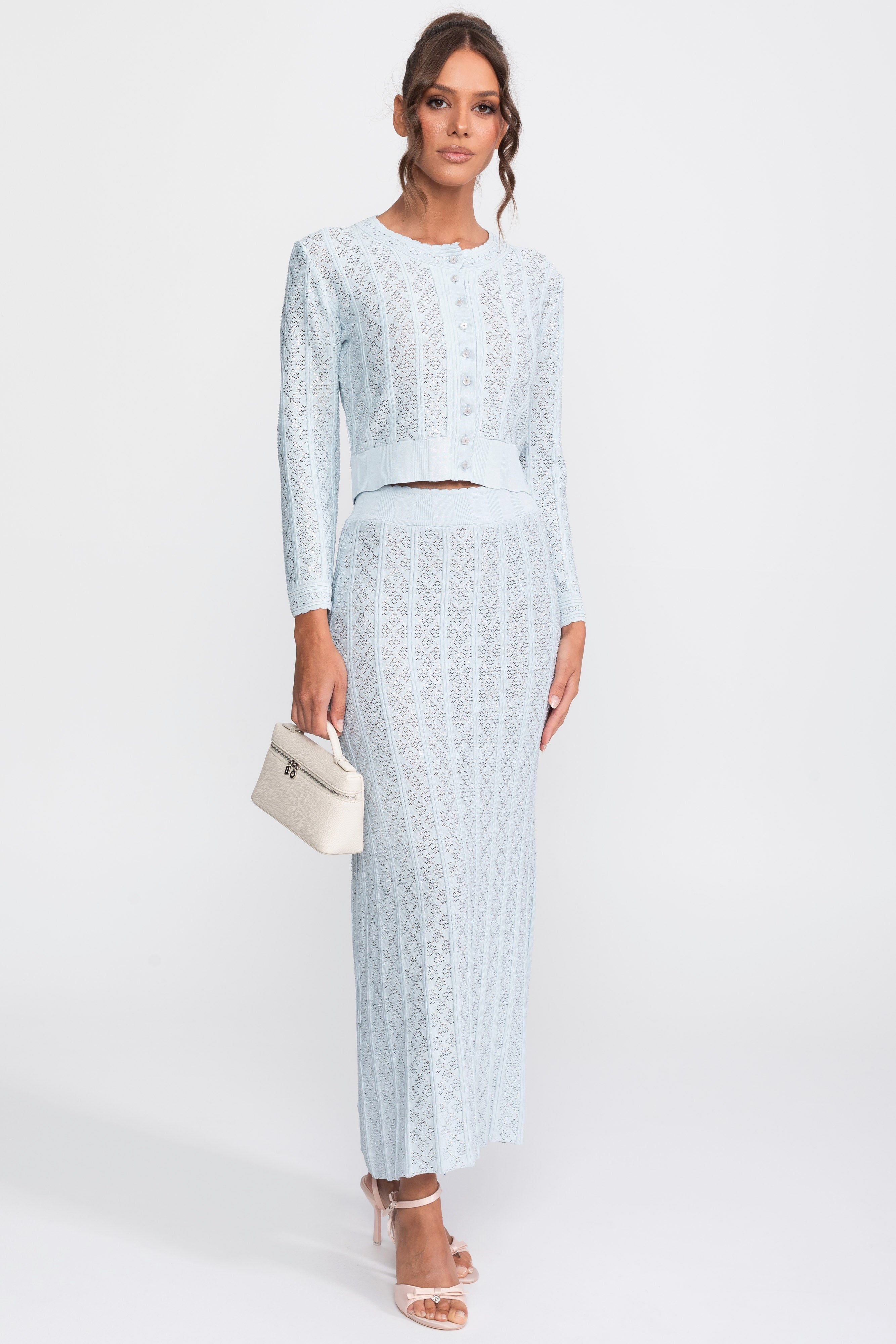 Completo coordinato in maglia con ricami eyelet, cardigan e gonna maxi - Light Blue 