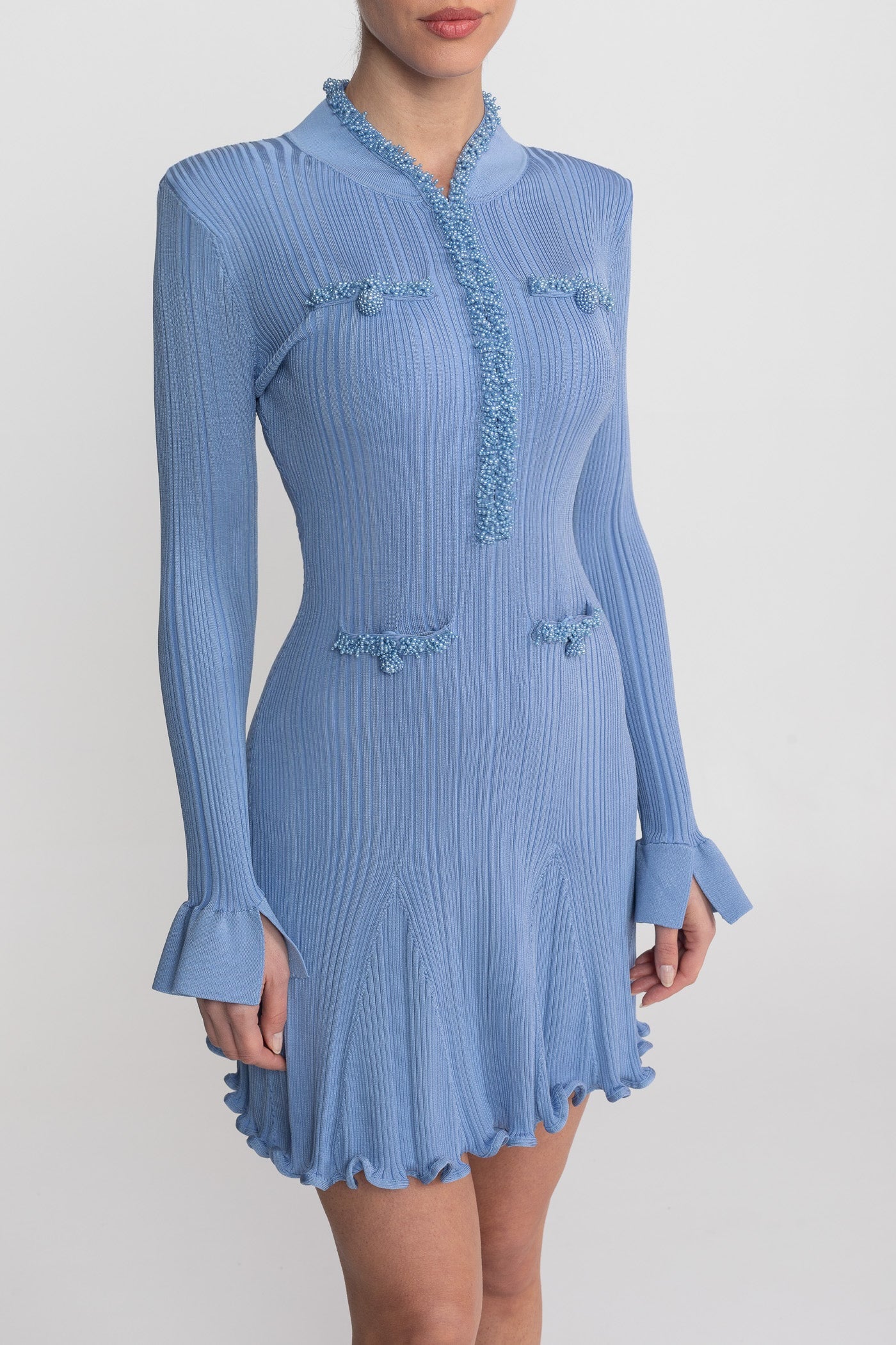 Ribbed Knit Mini Dress With Beaded Trim Detailing - Blue