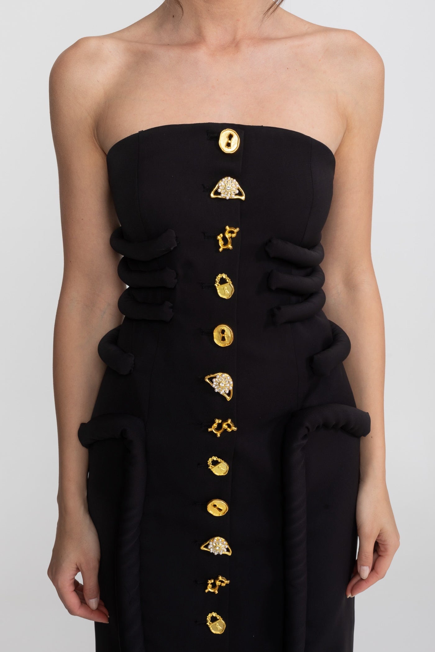 Midi Dress With Sculptural Knotted Bodice Detail And Jewel Buttons - Black