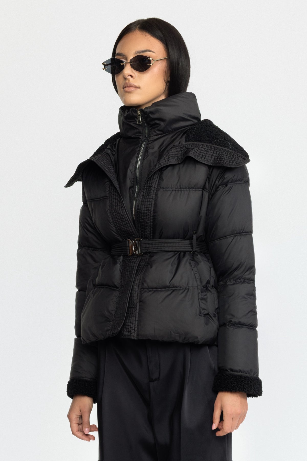 Belted Puffer Jacket with Teddy Collar - Black