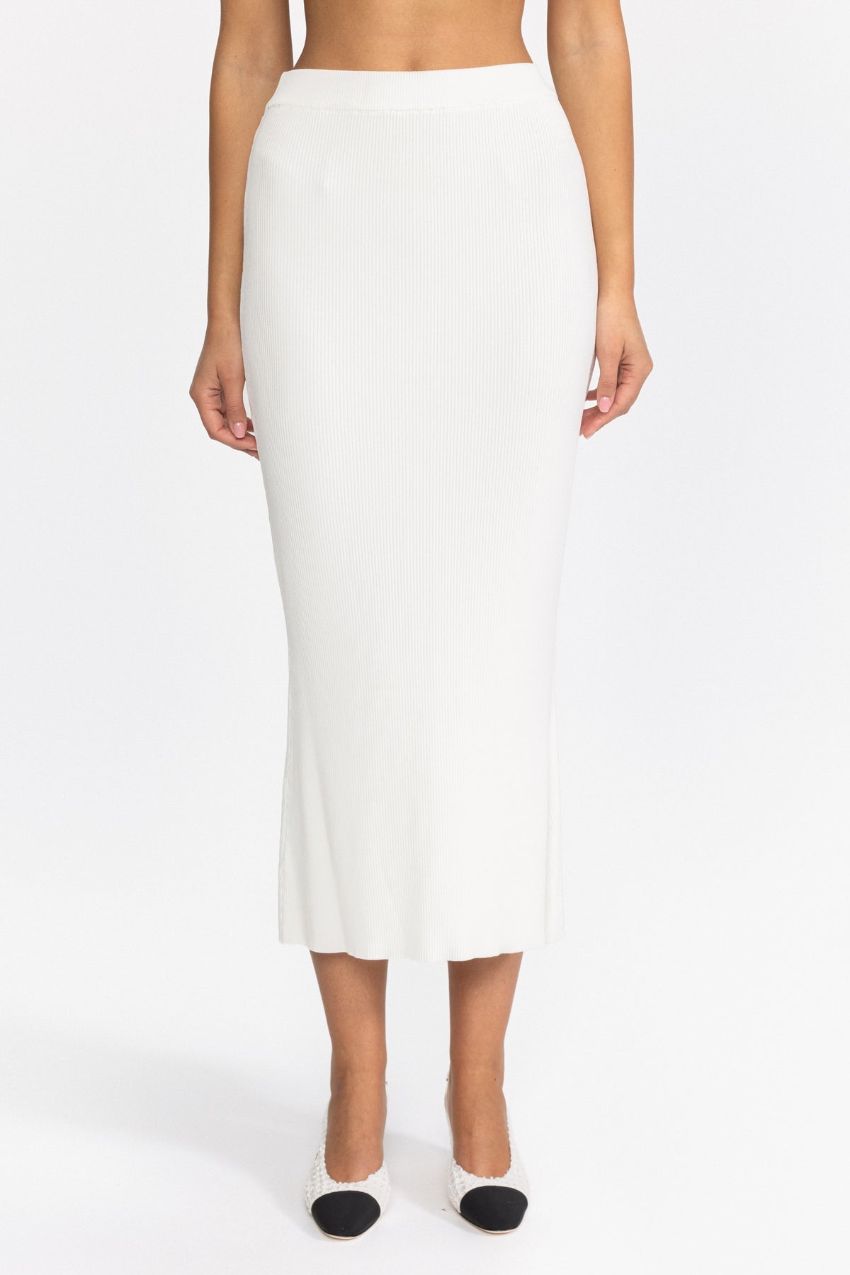 Ribbed Knit Peplum Cardigan and Midi Skirt Set - White
