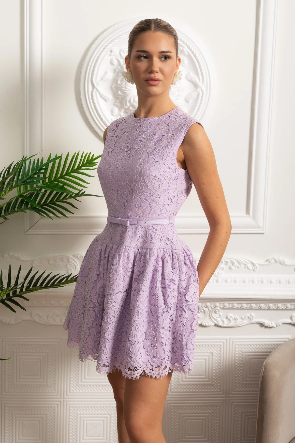 Sleeveless Lace Mini Dress with Belted Waist and Scalloped Hem - Purple