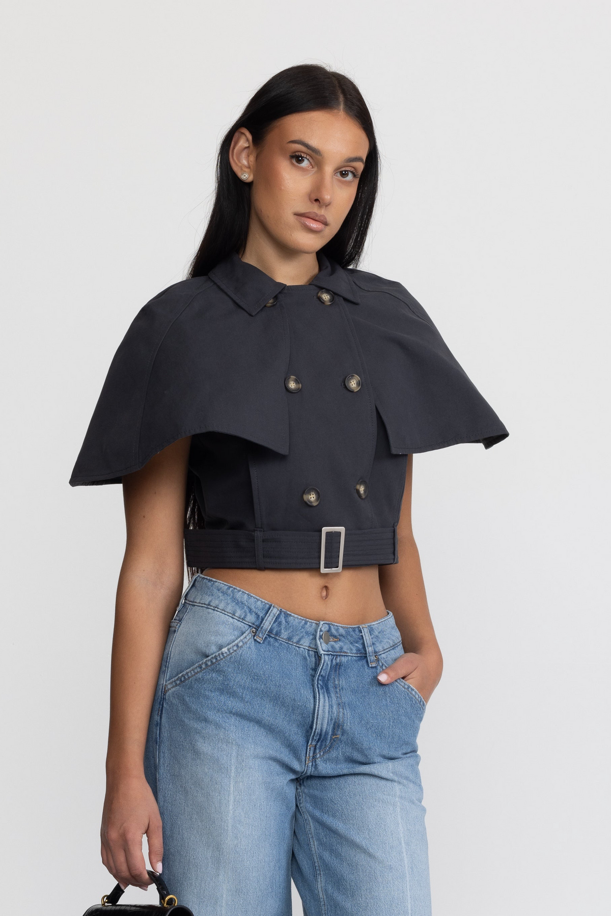 Cropped Trench Cape Top with Belt - Navy