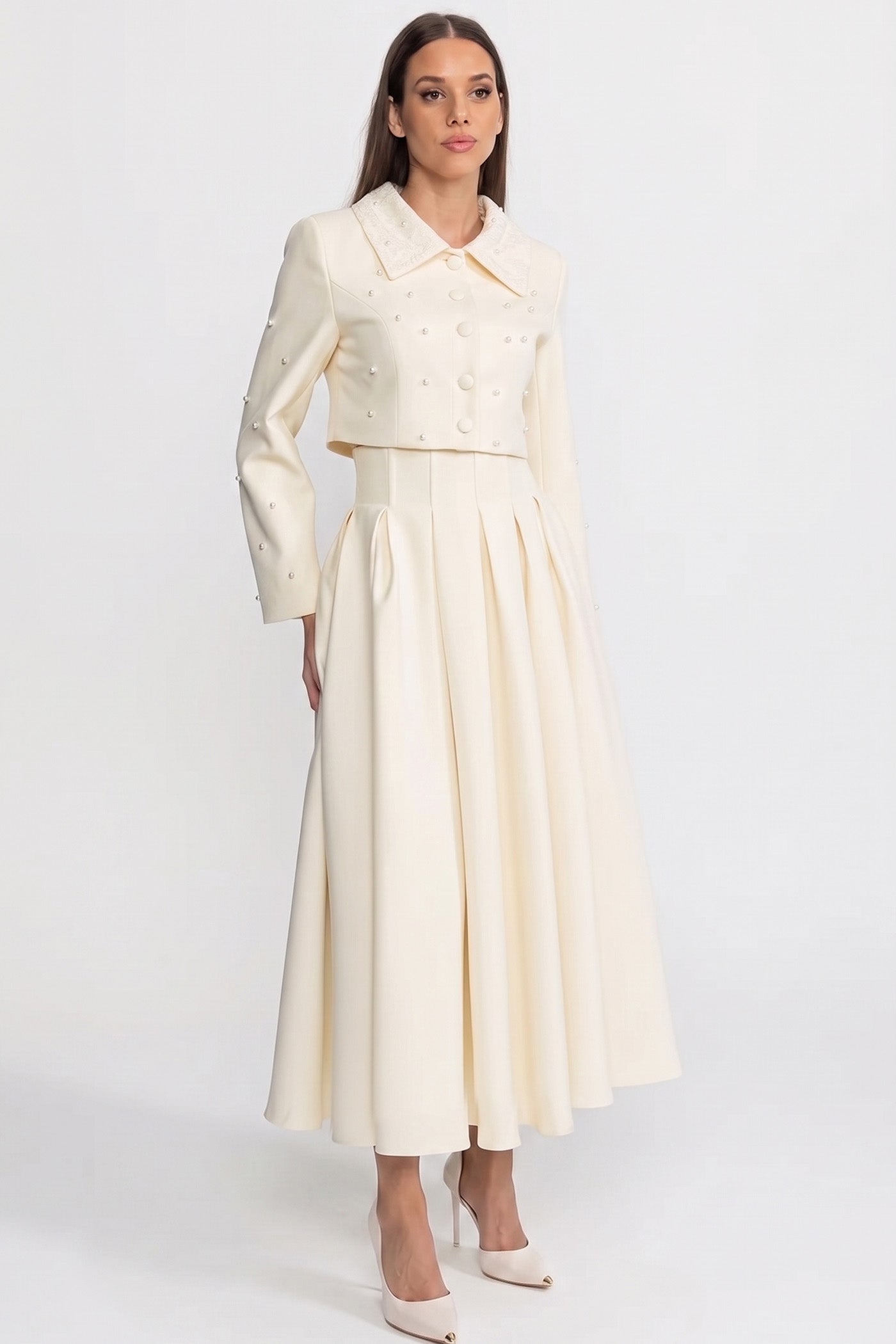Pearl-Embellished Co-Ord Set with Cropped Jacket and Full Skirt – Ivoire