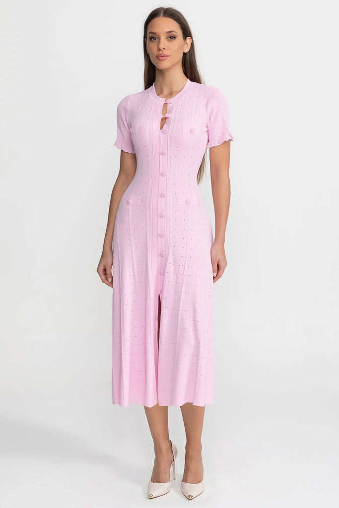 Abito Midi in Maglia con Bottoni sul Davanti e Maniche Smerlate – Rosa 