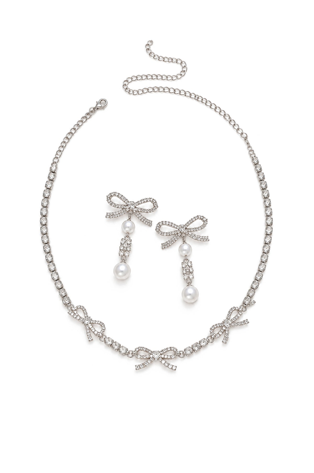 Set collana con fiocco di cristallo e orecchini pendenti con perle - Argento 