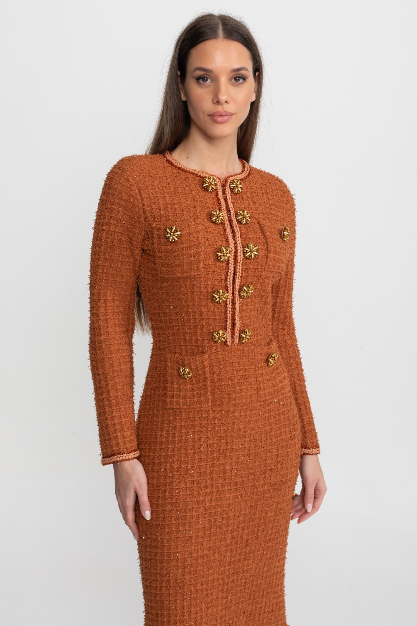 Textured Tweed Midi Dress with Crystal Button Detail – Rust