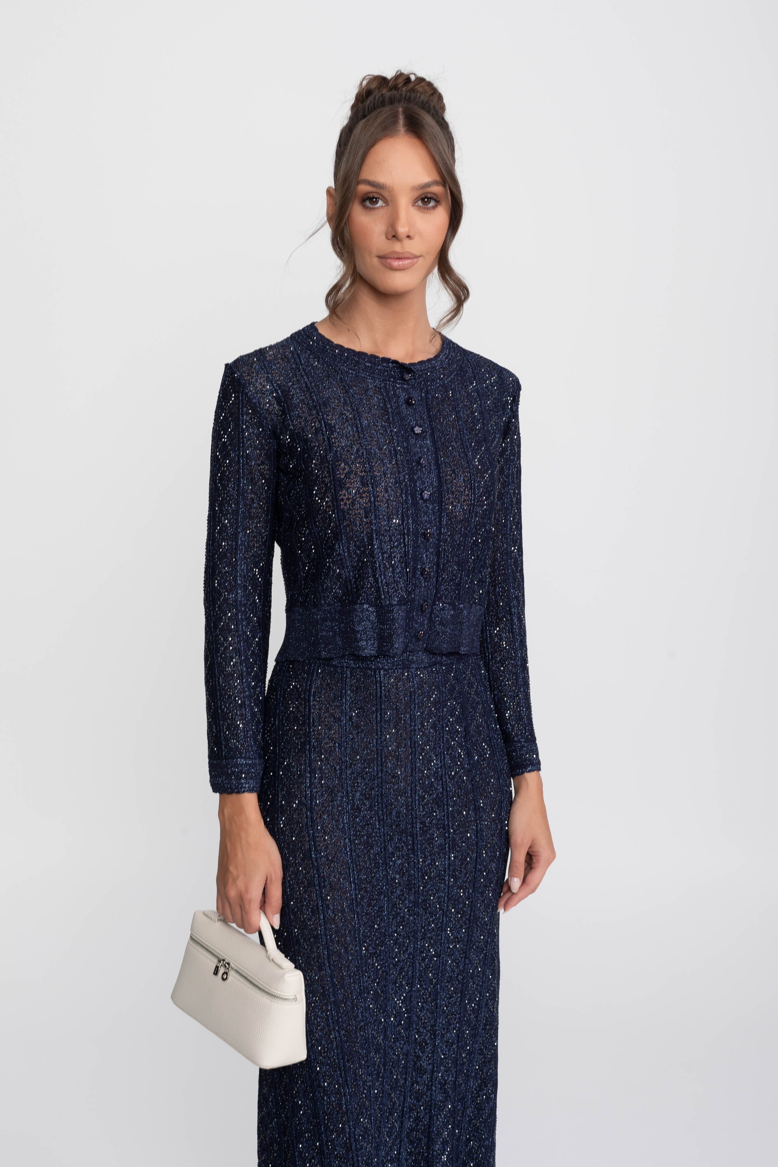Coordinato in pizzo con motivo a ромbi, maniche lunghe e gonna maxi - Navy 