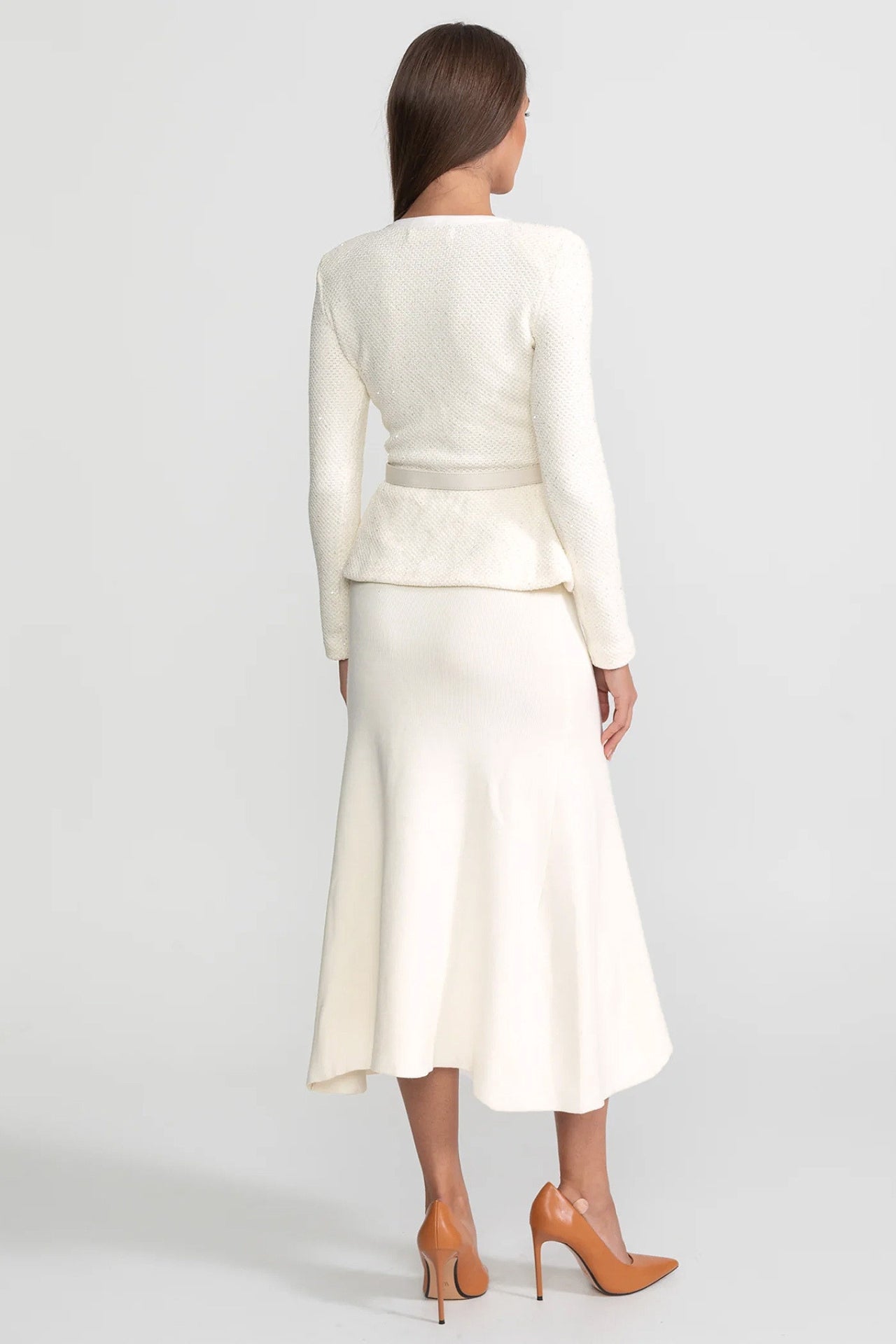 Abito Midi in Maglia Tweed con Peplo – Ivoire 